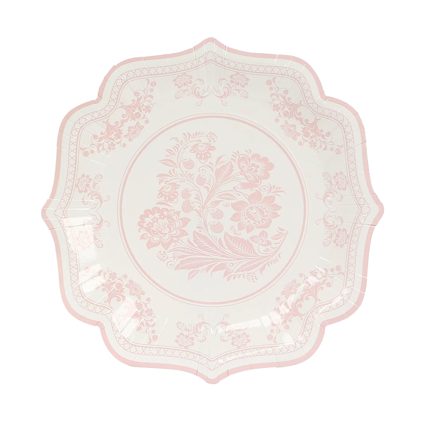 25 Pack White Pink Disposable Salad Plates in French Toile Floral Pattern, 8" Round Appetizer Dessert Paper Plates with Scalloped Rims - 300 GSM