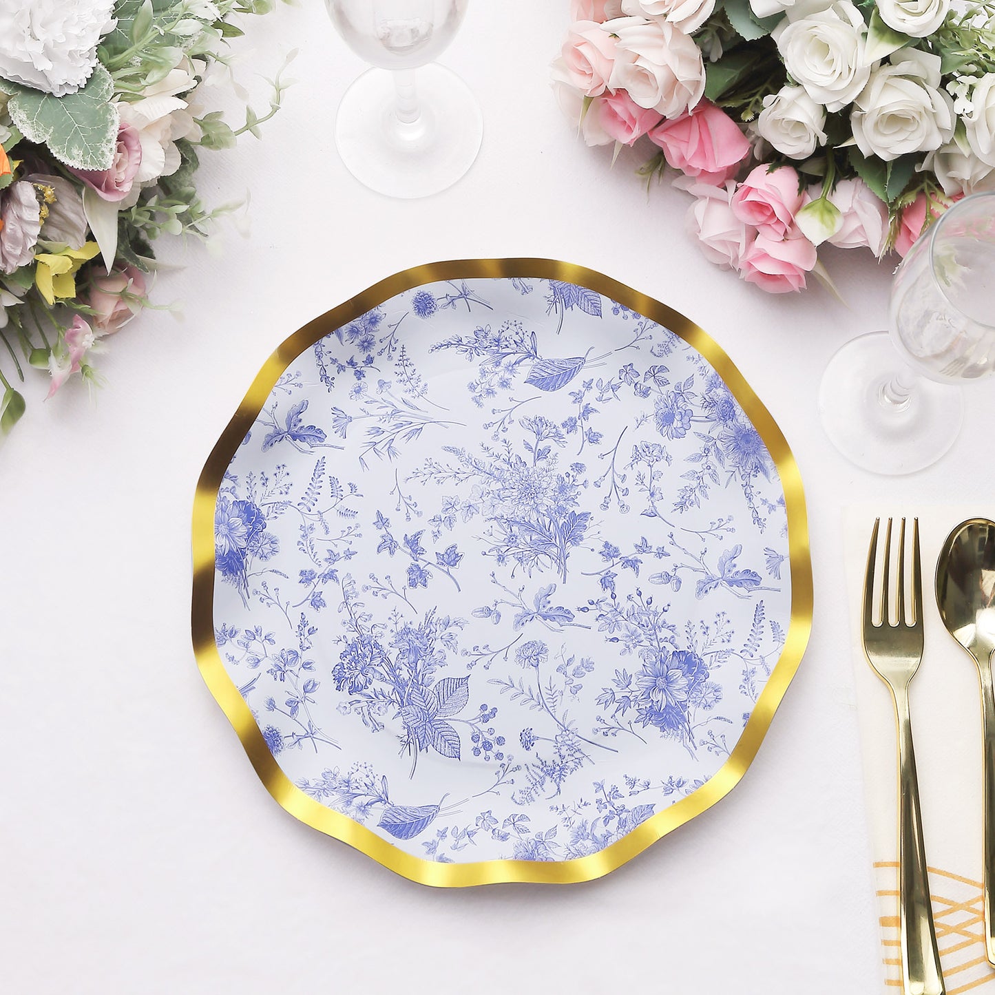 25 Pack White Blue Disposable Dinner Plates in French Toile Floral Pattern, 10" Paper Round Party Plates with Gold Wavy Rim - 350 GSM