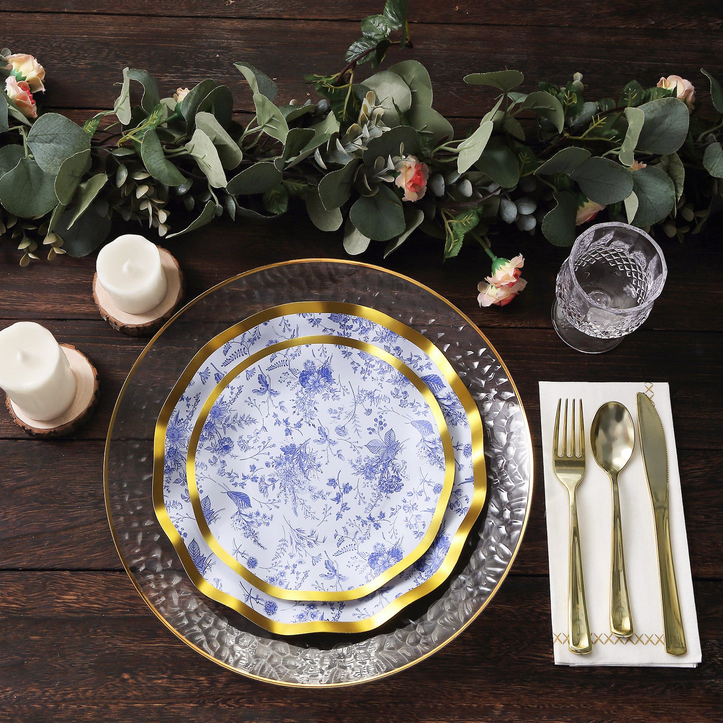 25 Pack White Blue Disposable Dinner Plates in French Toile Floral Pattern, 10" Paper Round Party Plates with Gold Wavy Rim - 350 GSM