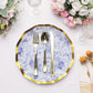 25 Pack White Blue Disposable Dinner Plates in French Toile Floral Pattern, 10" Paper Round Party Plates with Gold Wavy Rim - 350 GSM