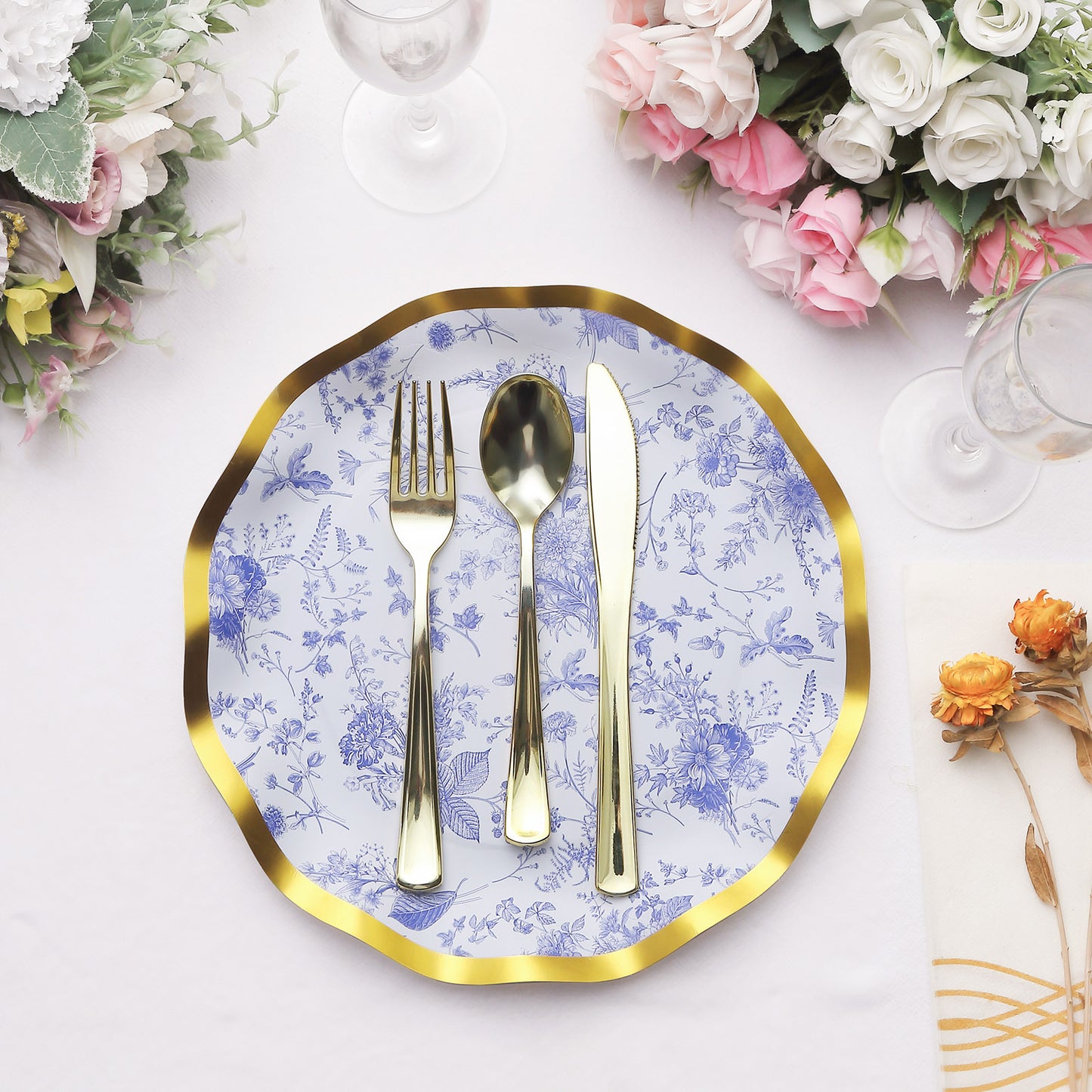 25 Pack White Blue Disposable Dinner Plates in French Toile Floral Pattern, 10" Paper Round Party Plates with Gold Wavy Rim - 350 GSM