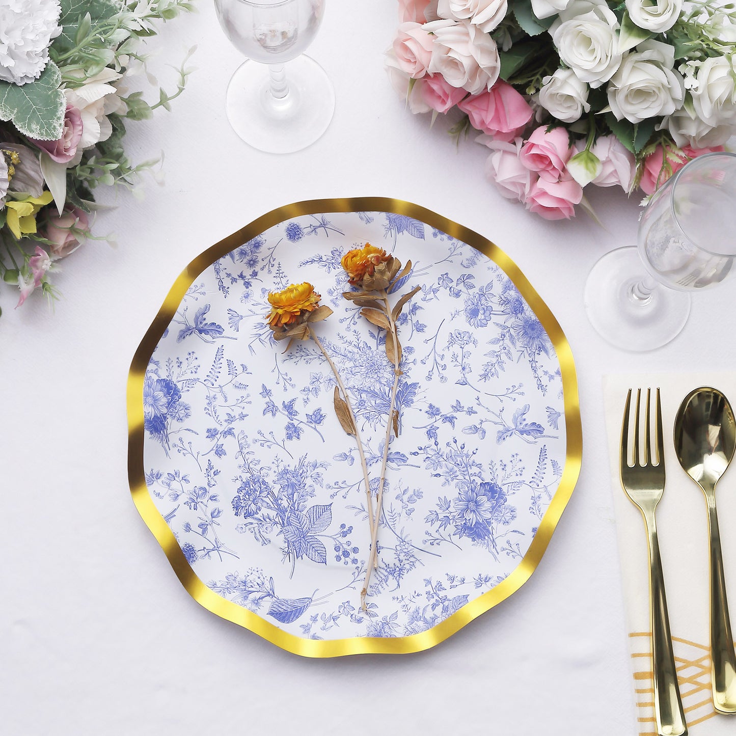 25 Pack White Blue Disposable Dinner Plates in French Toile Floral Pattern, 10" Paper Round Party Plates with Gold Wavy Rim - 350 GSM