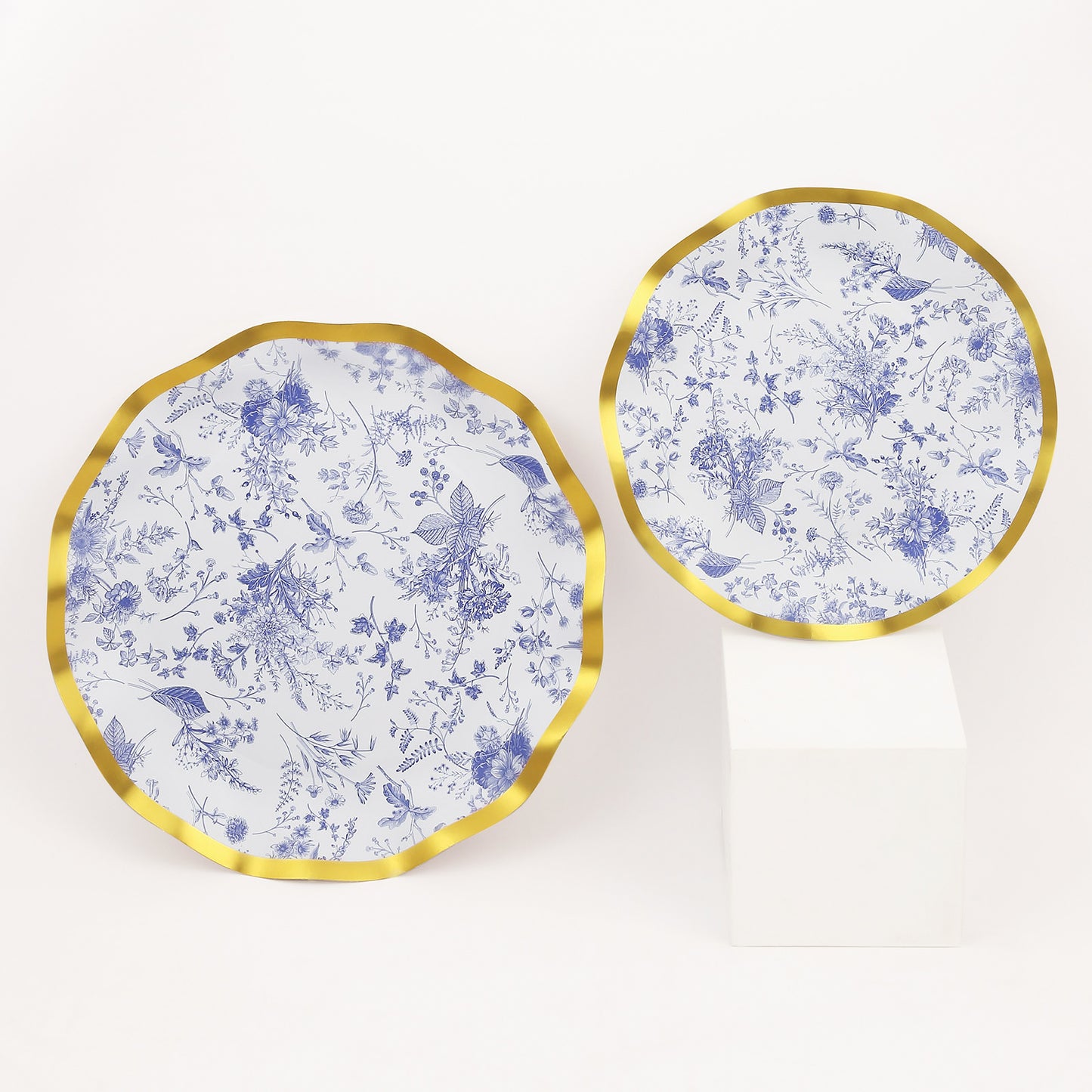 25 Pack White Blue Disposable Dinner Plates in French Toile Floral Pattern, 10" Paper Round Party Plates with Gold Wavy Rim - 350 GSM