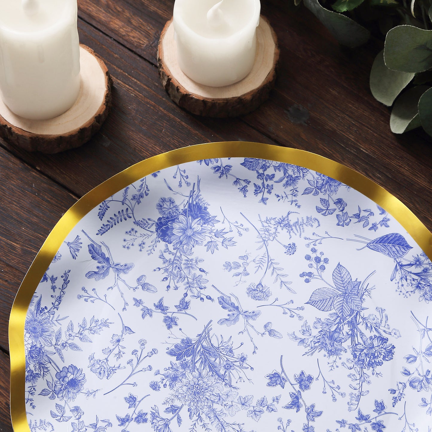 25 Pack White Blue Disposable Dinner Plates in French Toile Floral Pattern, 10" Paper Round Party Plates with Gold Wavy Rim - 350 GSM