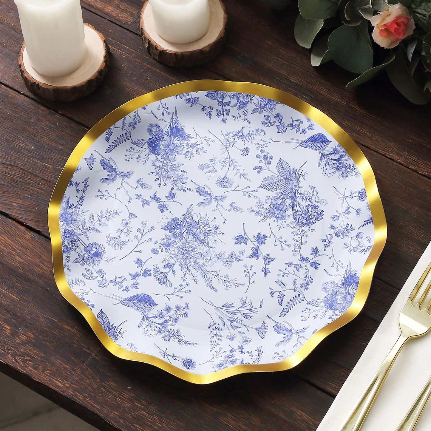 25 Pack White Blue Disposable Dinner Plates in French Toile Floral Pattern, 10" Paper Round Party Plates with Gold Wavy Rim - 350 GSM