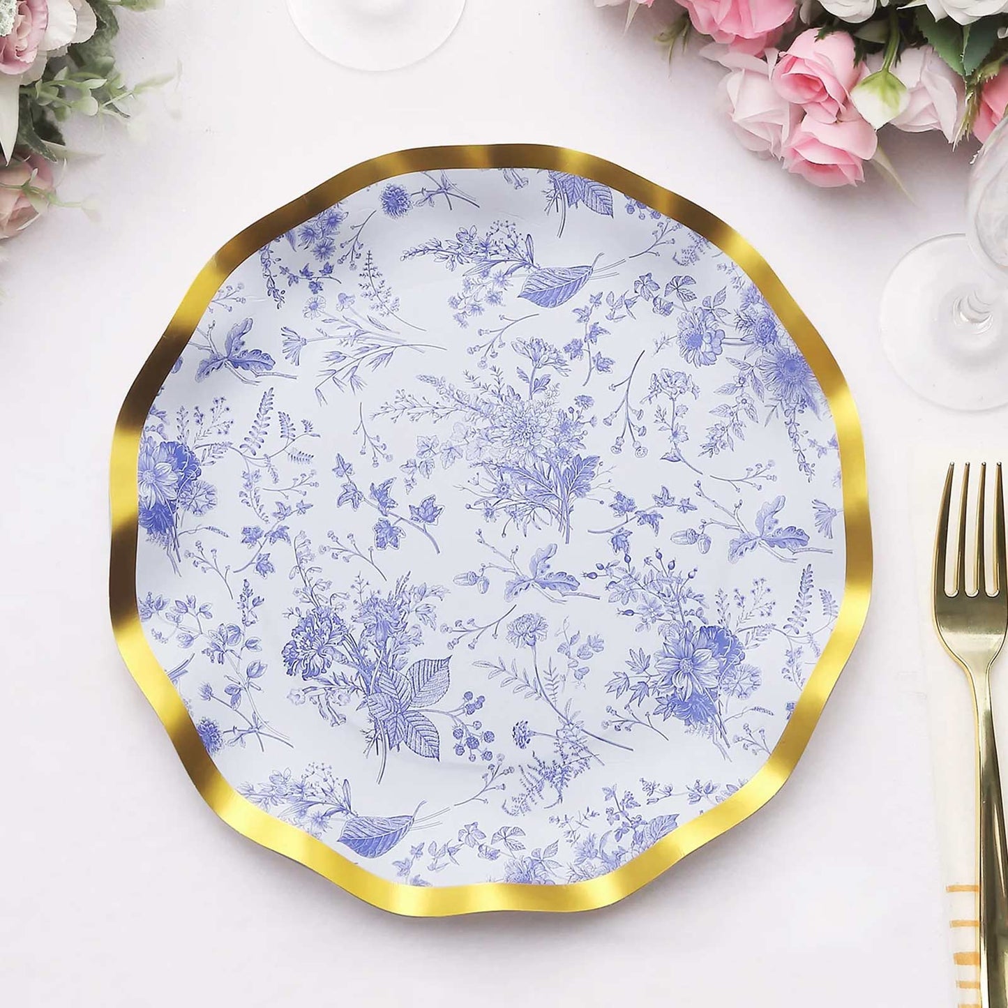 25 Pack White Blue Disposable Dinner Plates in French Toile Floral Pattern, 10" Paper Round Party Plates with Gold Wavy Rim - 350 GSM