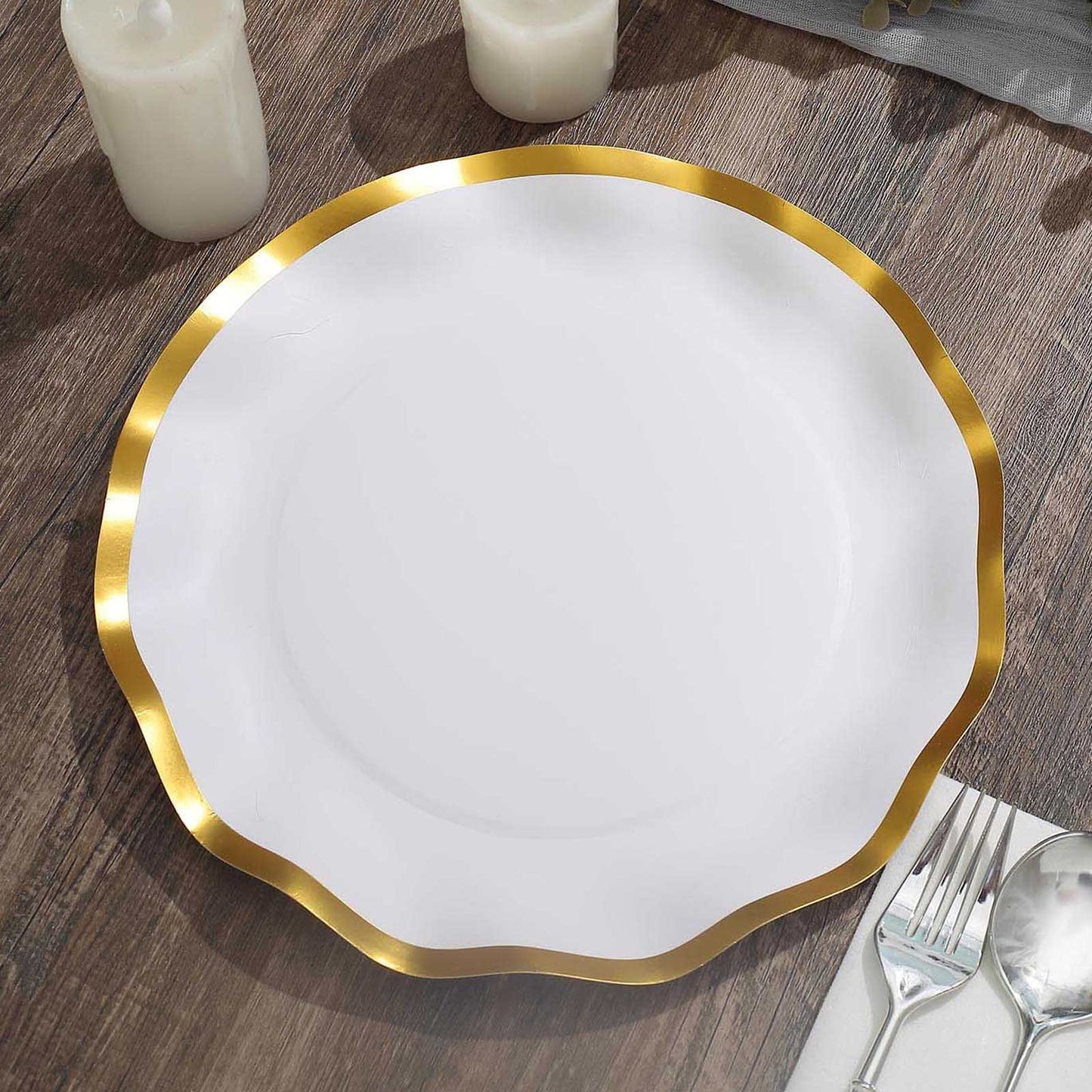 25 Pack | 10" Matte White / Gold Wavy Rim Paper Dinner Plates, Disposable Round Party Plates – 350 GSM