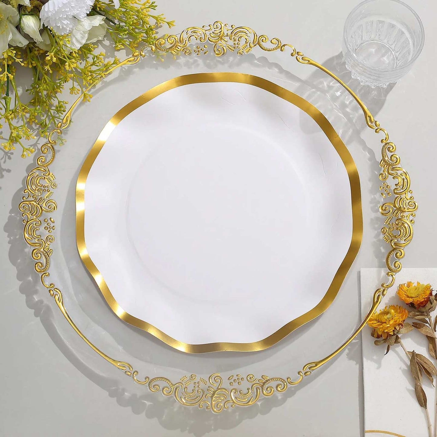 25 Pack | 10" Matte White / Gold Wavy Rim Paper Dinner Plates, Disposable Round Party Plates – 350 GSM