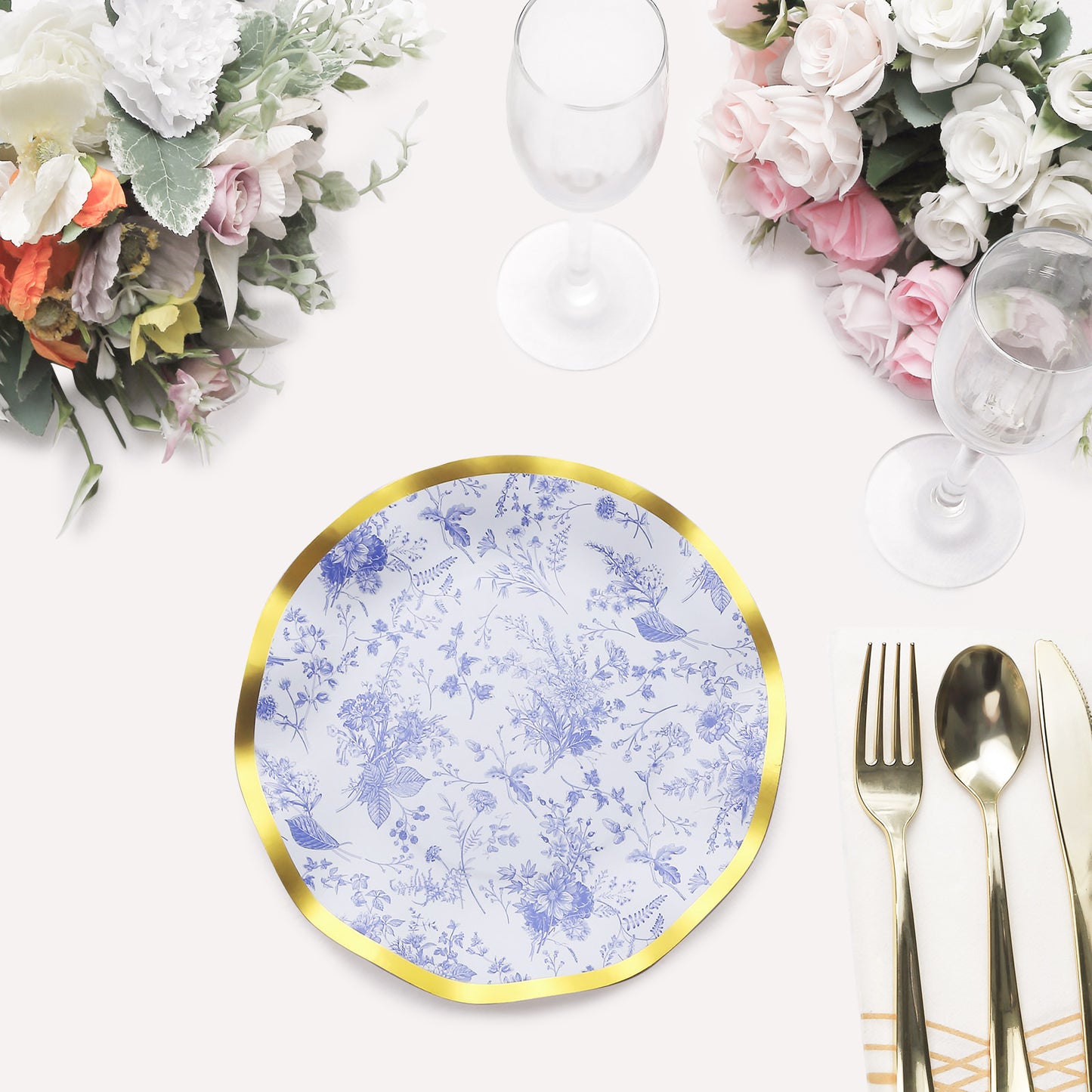 25 Pack White Blue Disposable Salad Plates in French Toile Floral Pattern, 8" Paper Round Dessert Appetizer Party Plates with Gold Wavy Rim - 350 GSM