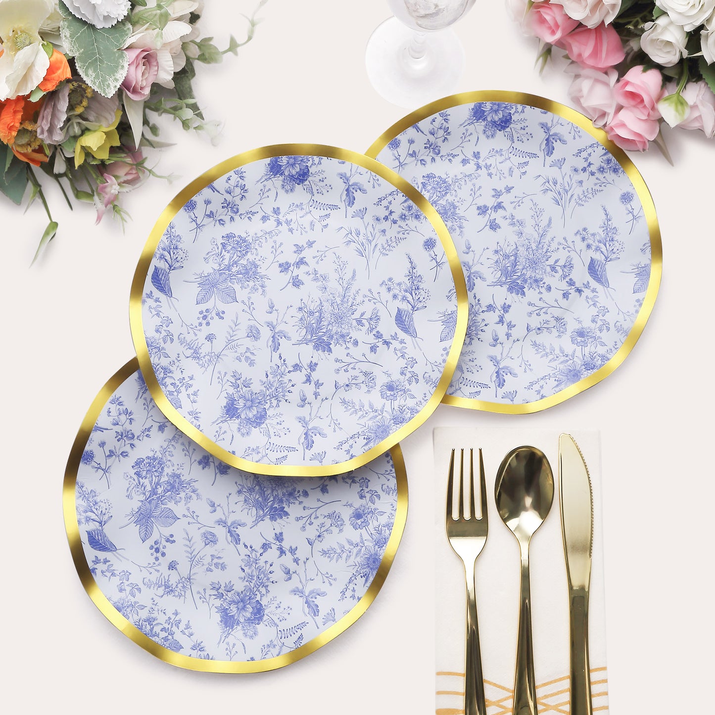 25 Pack White Blue Disposable Salad Plates in French Toile Floral Pattern, 8" Paper Round Dessert Appetizer Party Plates with Gold Wavy Rim - 350 GSM