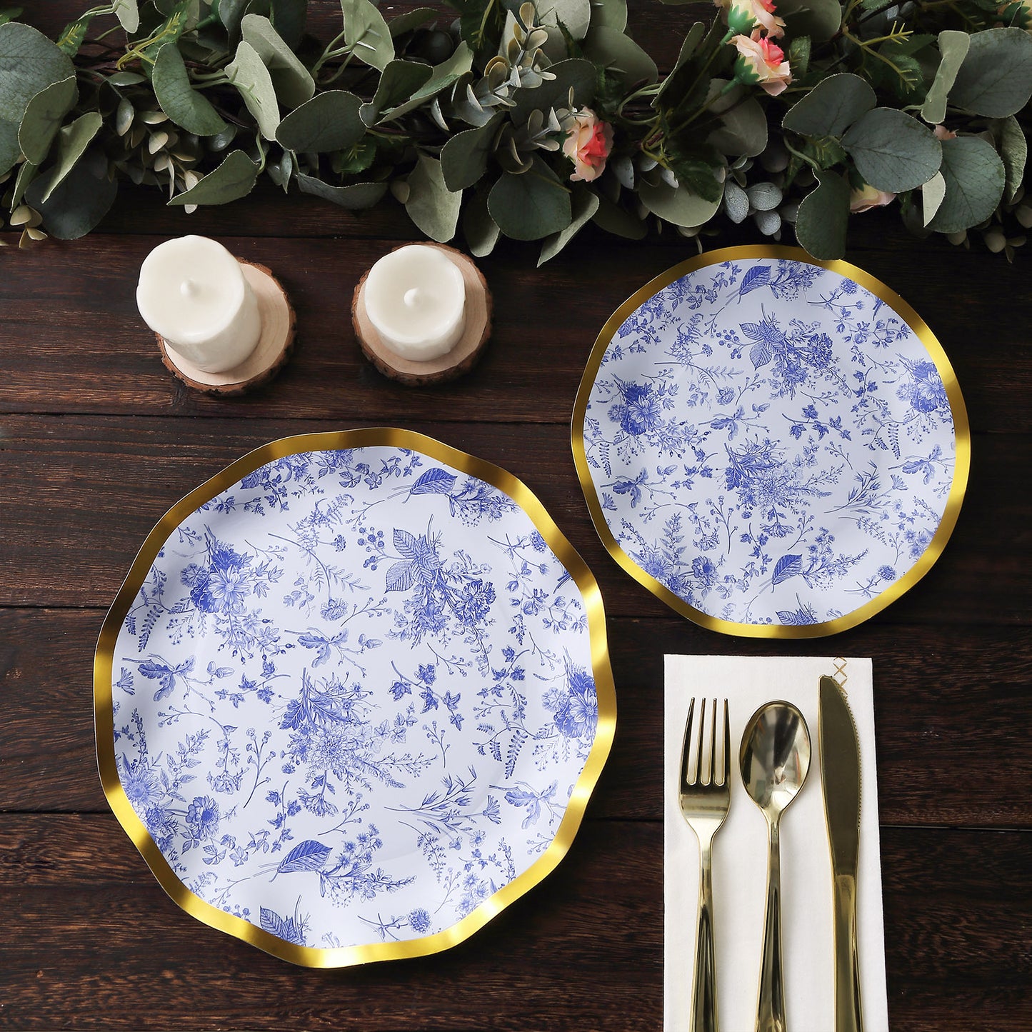 25 Pack White Blue Disposable Salad Plates in French Toile Floral Pattern, 8" Paper Round Dessert Appetizer Party Plates with Gold Wavy Rim - 350 GSM