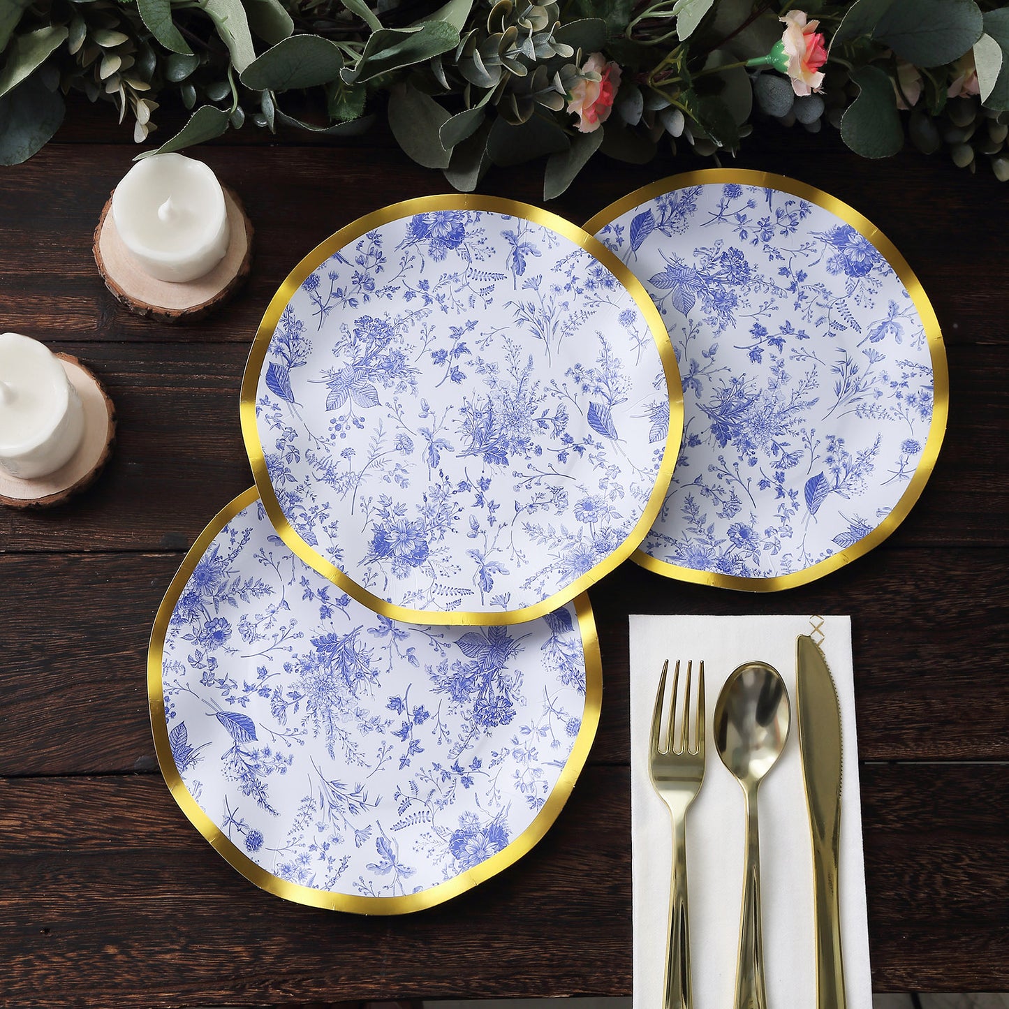 25 Pack White Blue Disposable Salad Plates in French Toile Floral Pattern, 8" Paper Round Dessert Appetizer Party Plates with Gold Wavy Rim - 350 GSM