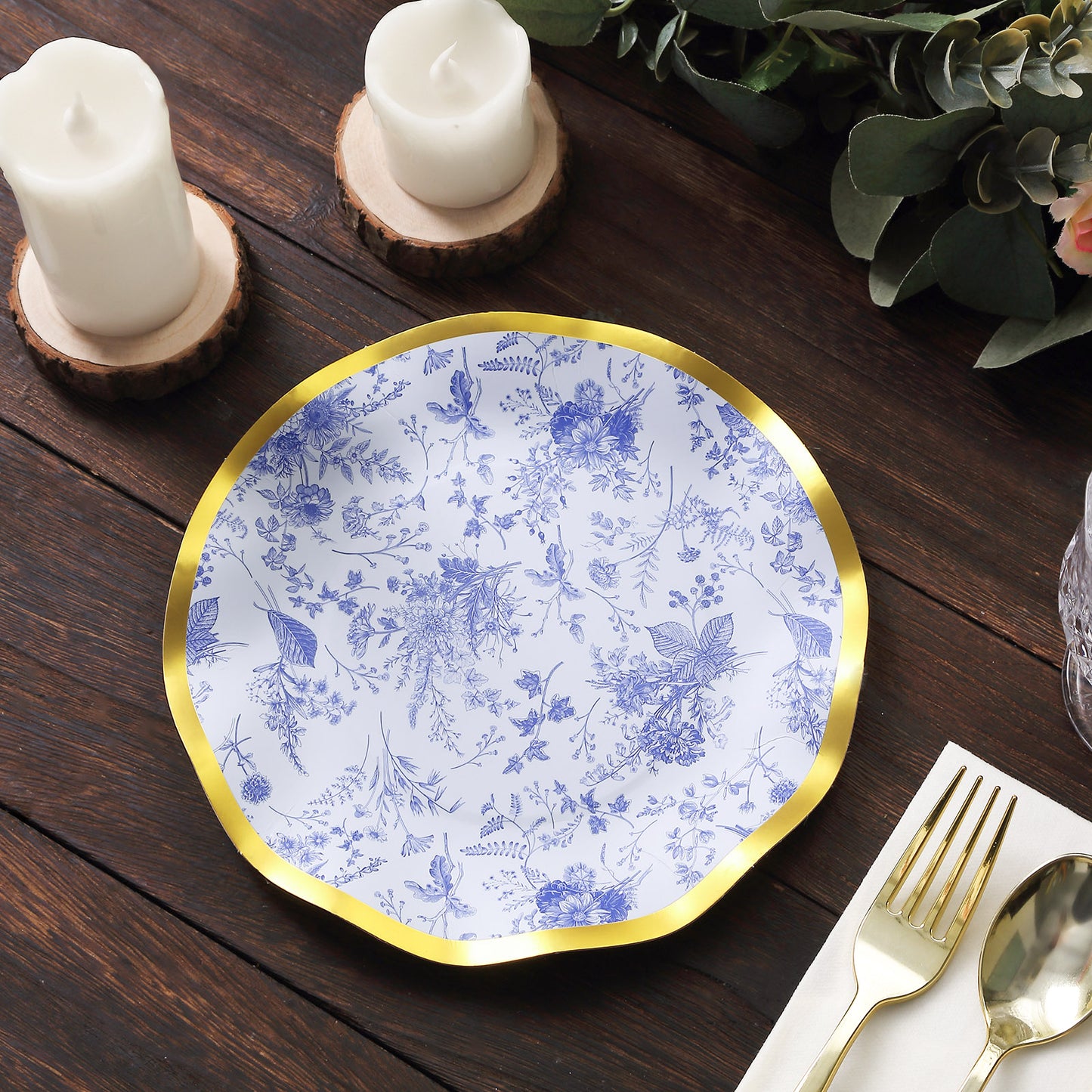 25 Pack White Blue Disposable Salad Plates in French Toile Floral Pattern, 8" Paper Round Dessert Appetizer Party Plates with Gold Wavy Rim - 350 GSM