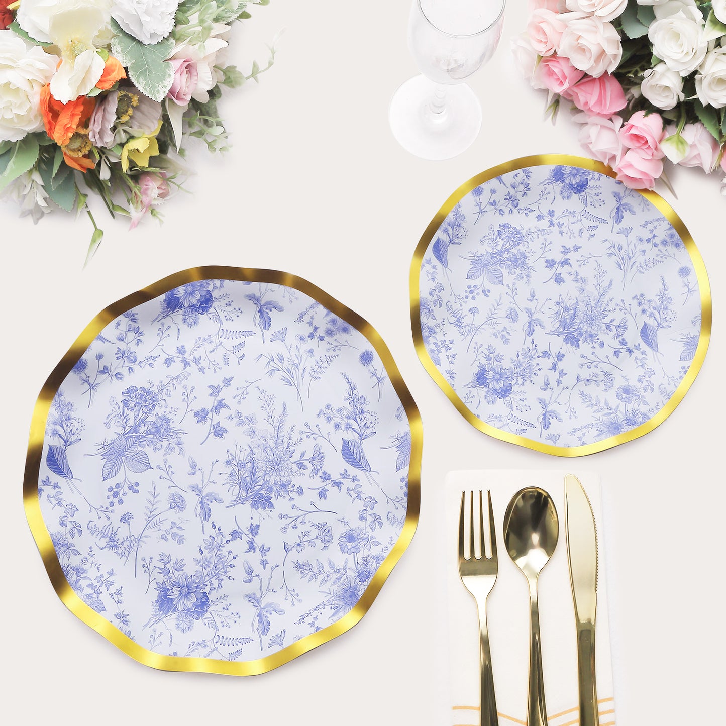 25 Pack White Blue Disposable Salad Plates in French Toile Floral Pattern, 8" Paper Round Dessert Appetizer Party Plates with Gold Wavy Rim - 350 GSM