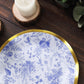 25 Pack White Blue Disposable Salad Plates in French Toile Floral Pattern, 8" Paper Round Dessert Appetizer Party Plates with Gold Wavy Rim - 350 GSM