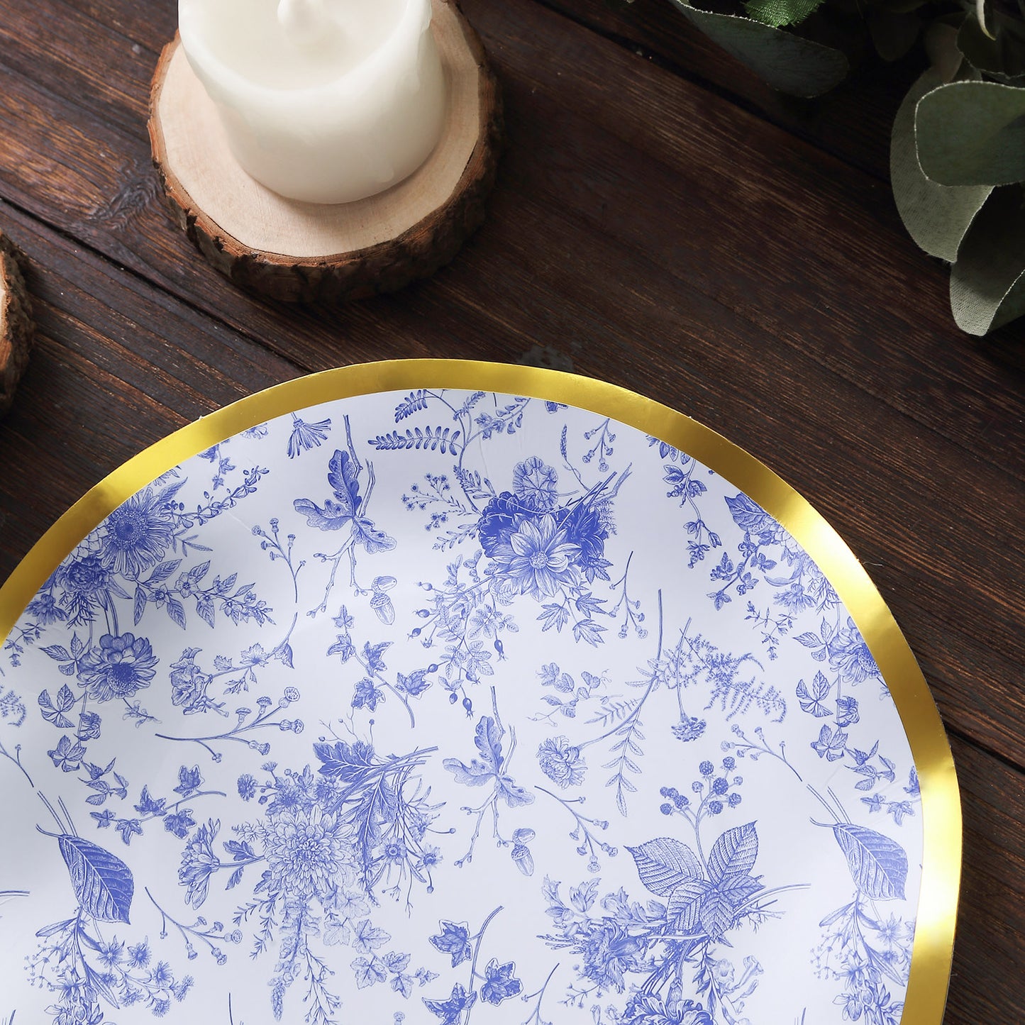 25 Pack White Blue Disposable Salad Plates in French Toile Floral Pattern, 8" Paper Round Dessert Appetizer Party Plates with Gold Wavy Rim - 350 GSM