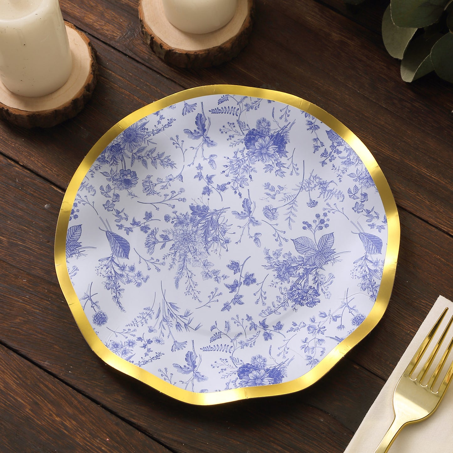 25 Pack White Blue Disposable Salad Plates in French Toile Floral Pattern, 8" Paper Round Dessert Appetizer Party Plates with Gold Wavy Rim - 350 GSM