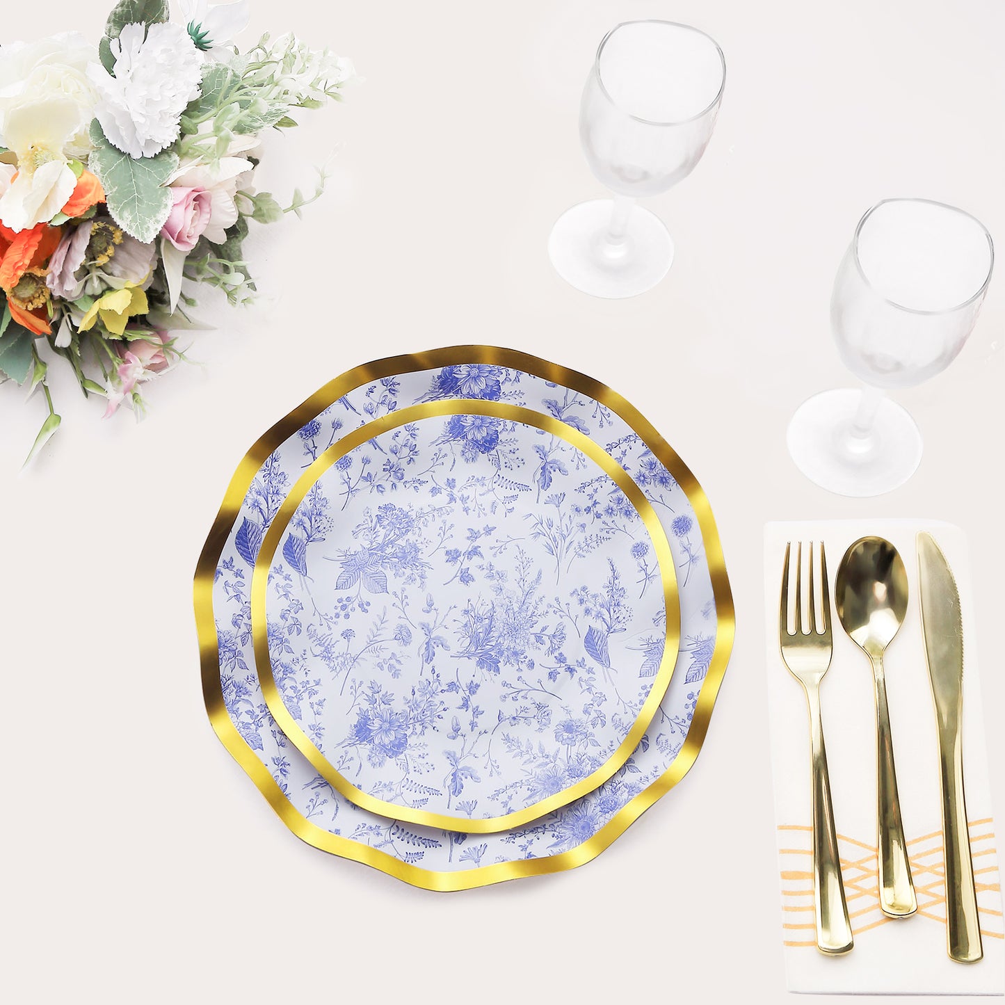 25 Pack White Blue Disposable Salad Plates in French Toile Floral Pattern, 8" Paper Round Dessert Appetizer Party Plates with Gold Wavy Rim - 350 GSM