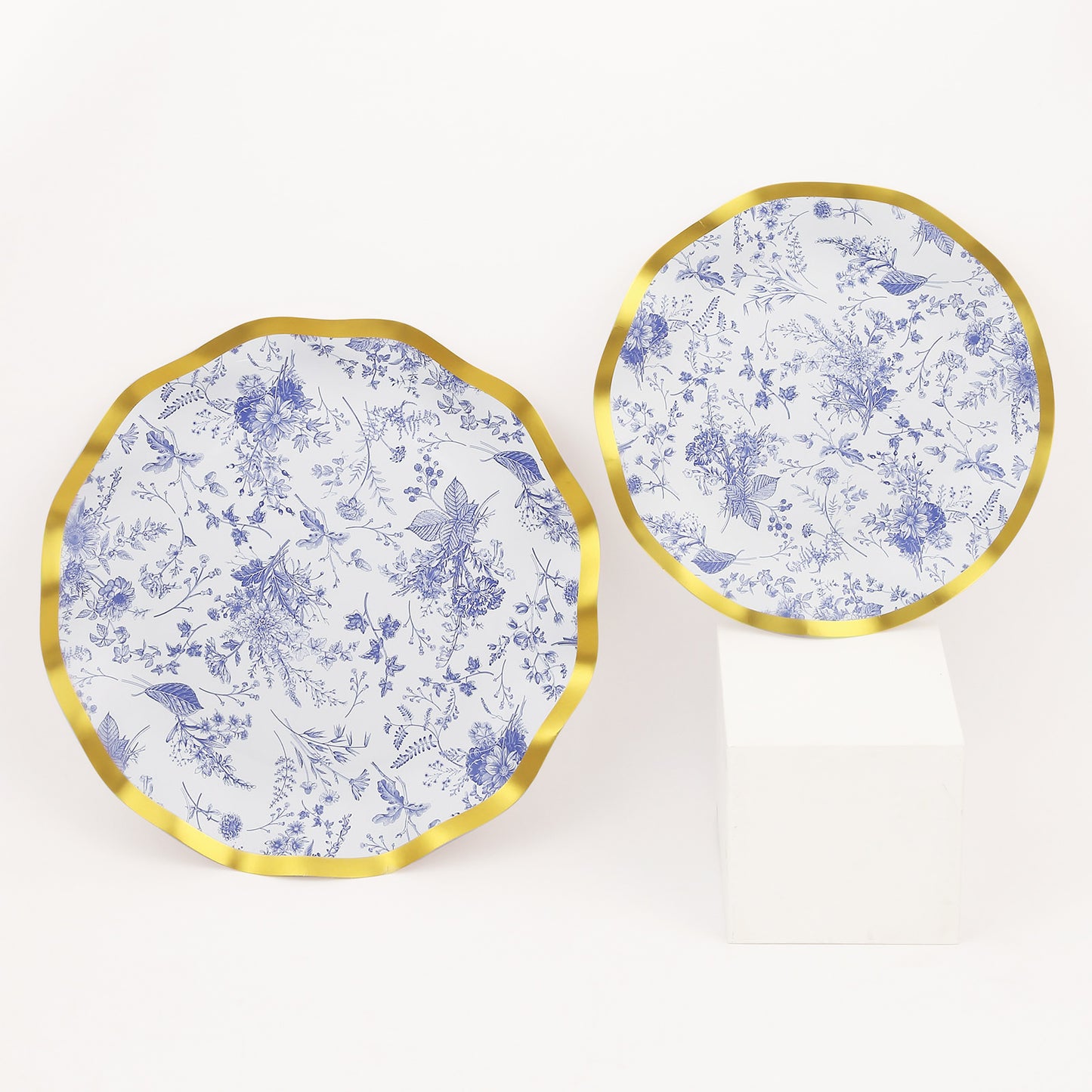 25 Pack White Blue Disposable Salad Plates in French Toile Floral Pattern, 8" Paper Round Dessert Appetizer Party Plates with Gold Wavy Rim - 350 GSM