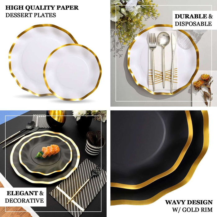 25 Pack | 10" Matte White / Gold Wavy Rim Paper Dinner Plates, Disposable Round Party Plates – 350 GSM