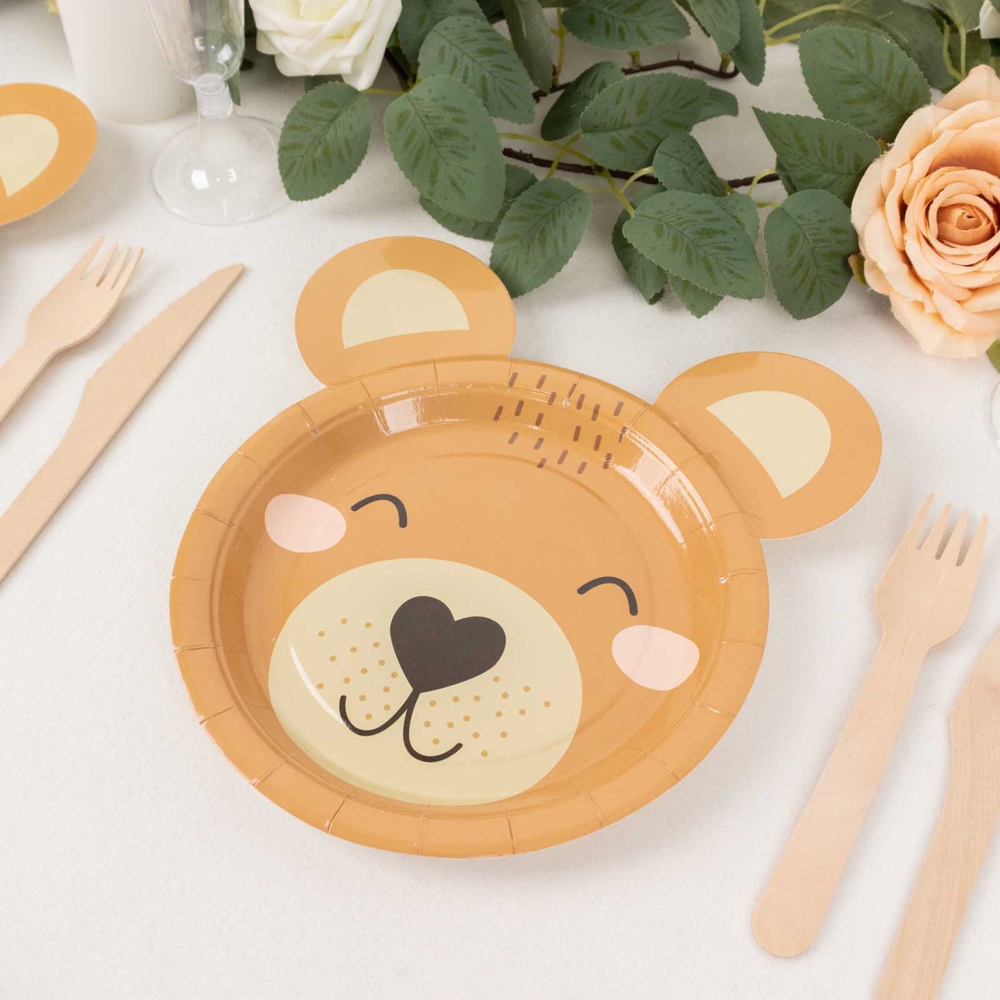 25 Pack Brown Teddy Bear Dessert Salad Paper Plates, 7" Round Animal Print Disposable Baby Shower Birthday Party Plates - 300GSM