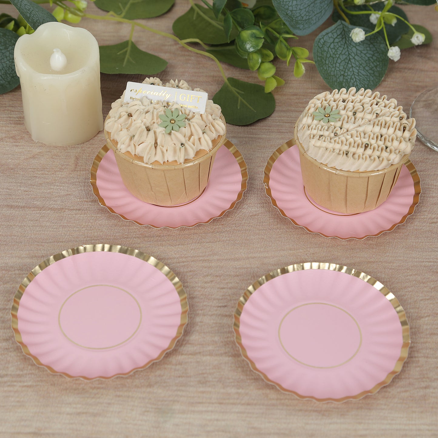 50 Pack 3.5" Gold Scalloped Rim Mini Dessert Plates in Blush, Disposable Round Paper Party Tapas Plates - 250 GSM