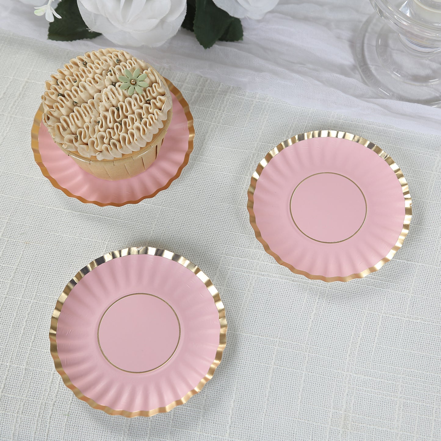 50 Pack 3.5" Gold Scalloped Rim Mini Dessert Plates in Blush, Disposable Round Paper Party Tapas Plates - 250 GSM