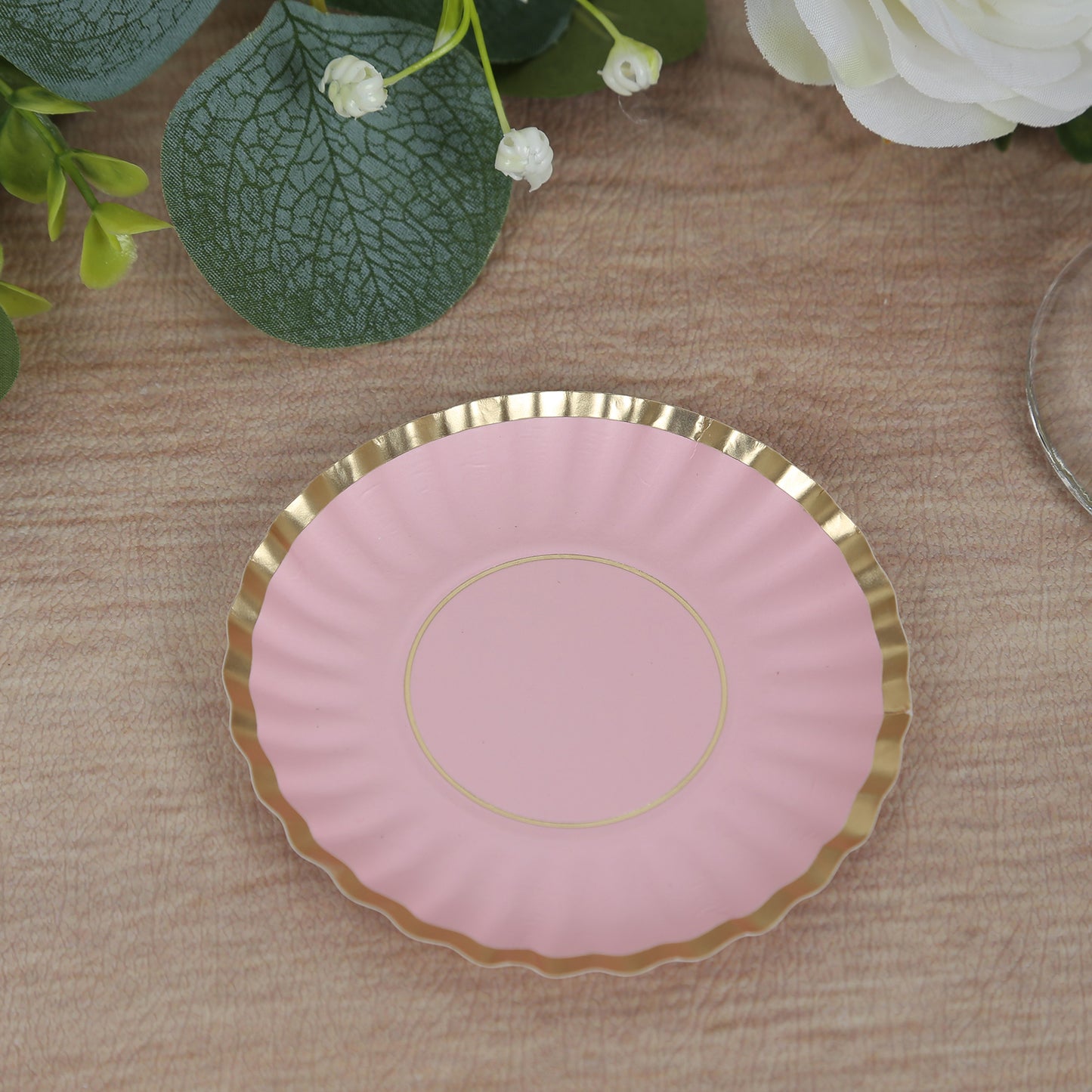 50 Pack 3.5" Gold Scalloped Rim Mini Dessert Plates in Blush, Disposable Round Paper Party Tapas Plates - 250 GSM