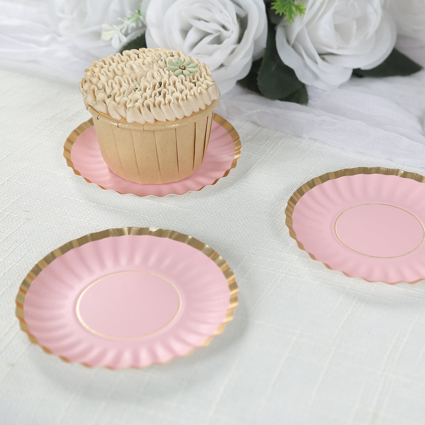 50 Pack 3.5" Gold Scalloped Rim Mini Dessert Plates in Blush, Disposable Round Paper Party Tapas Plates - 250 GSM