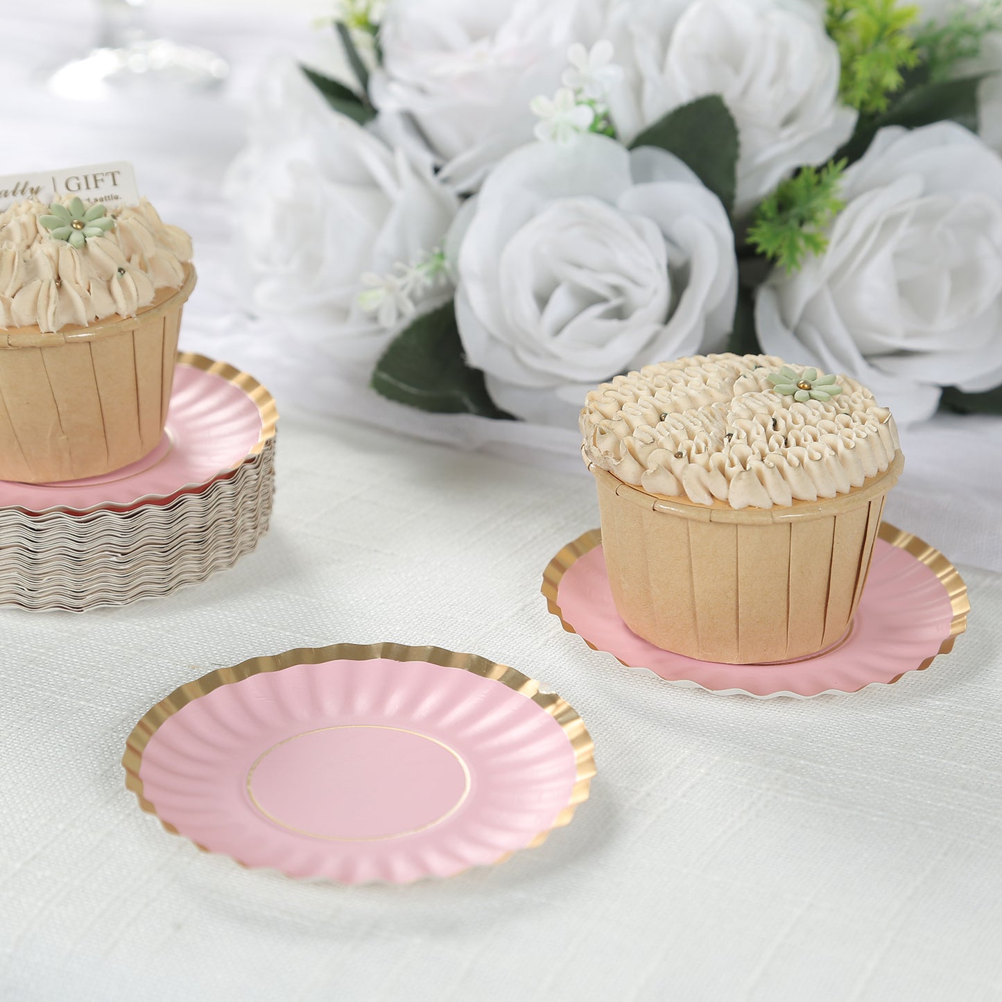 50 Pack 3.5" Gold Scalloped Rim Mini Dessert Plates in Blush, Disposable Round Paper Party Tapas Plates - 250 GSM