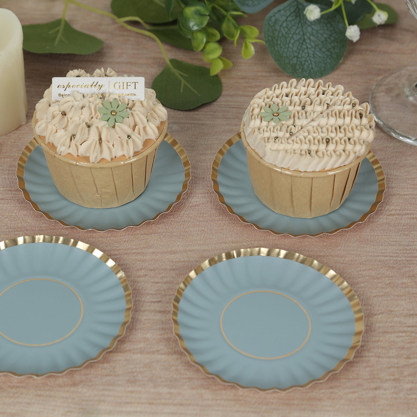 50 Pack 3.5" Gold Scalloped Rim Mini Dessert Plates in Dusty Blue, Disposable Round Paper Party Tapas Plates - 250 GSM