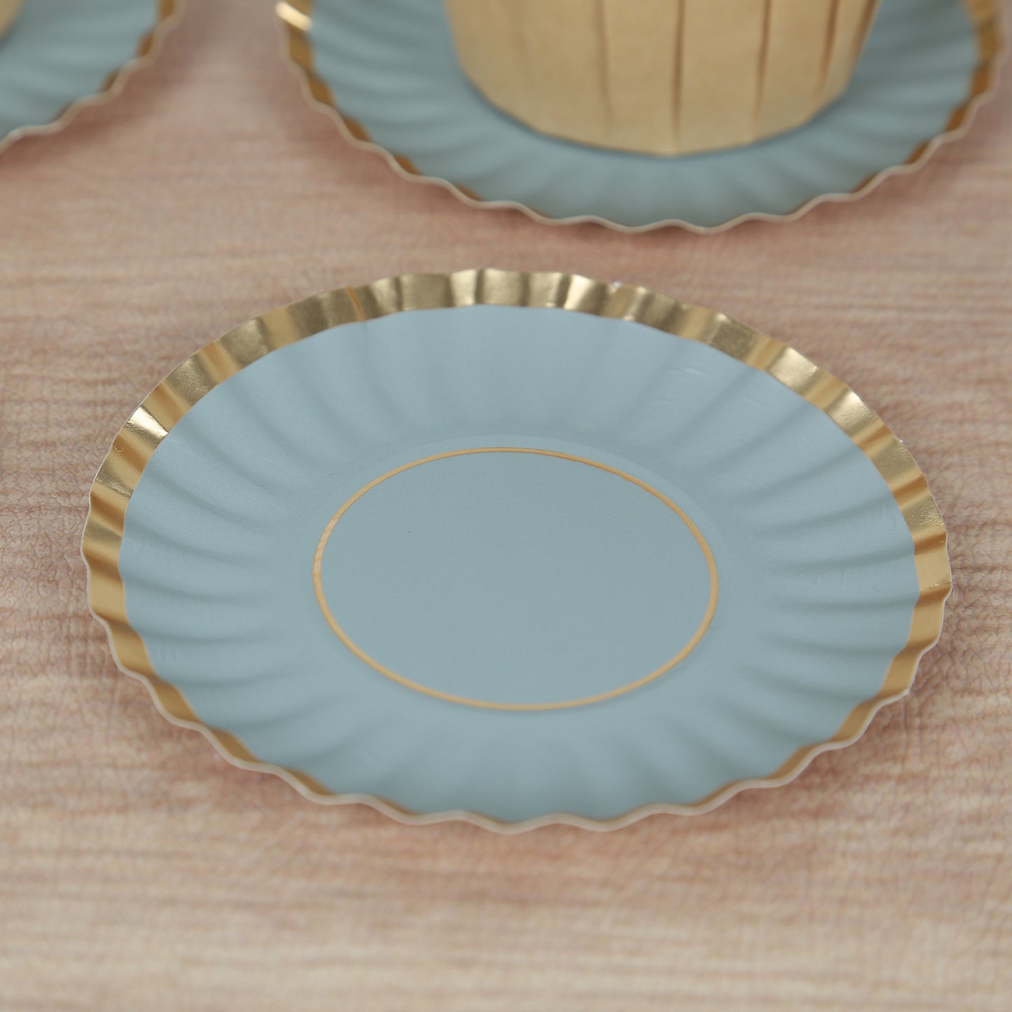 50 Pack 3.5" Gold Scalloped Rim Mini Dessert Plates in Dusty Blue, Disposable Round Paper Party Tapas Plates - 250 GSM