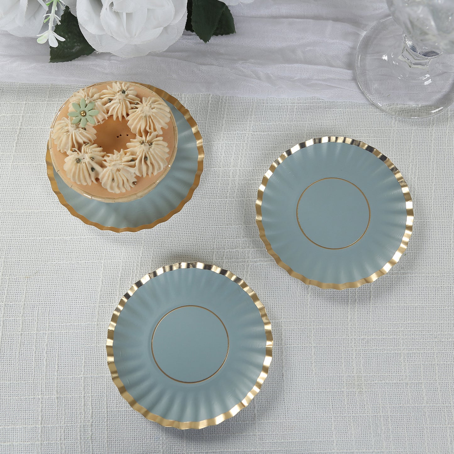 50 Pack 3.5" Gold Scalloped Rim Mini Dessert Plates in Dusty Blue, Disposable Round Paper Party Tapas Plates - 250 GSM