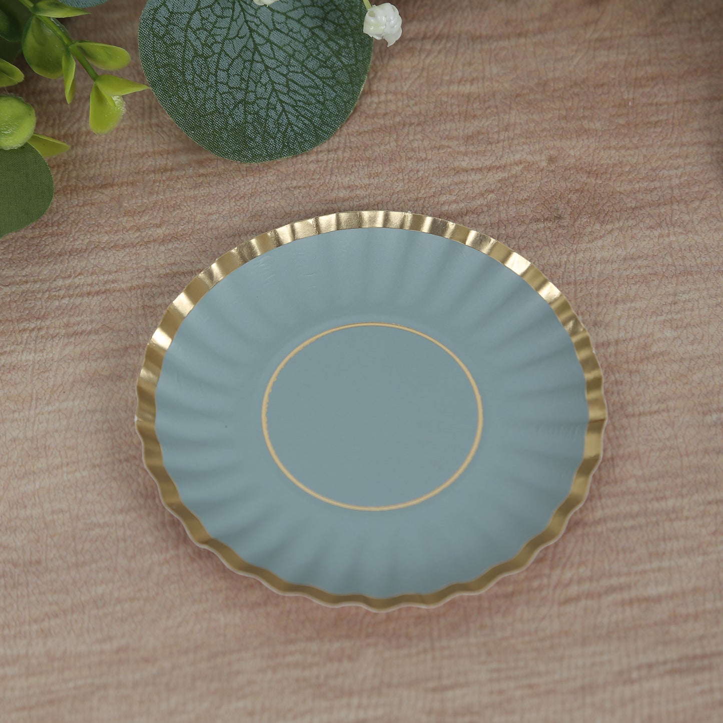 50 Pack 3.5" Gold Scalloped Rim Mini Dessert Plates in Dusty Blue, Disposable Round Paper Party Tapas Plates - 250 GSM