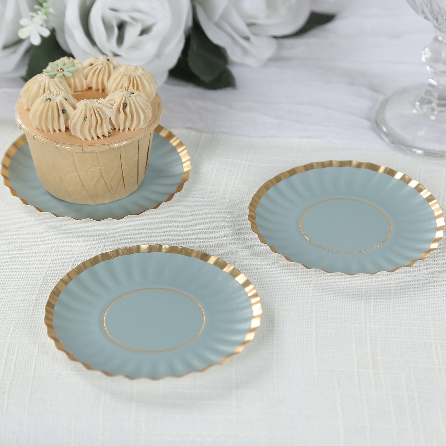 50 Pack 3.5" Gold Scalloped Rim Mini Dessert Plates in Dusty Blue, Disposable Round Paper Party Tapas Plates - 250 GSM