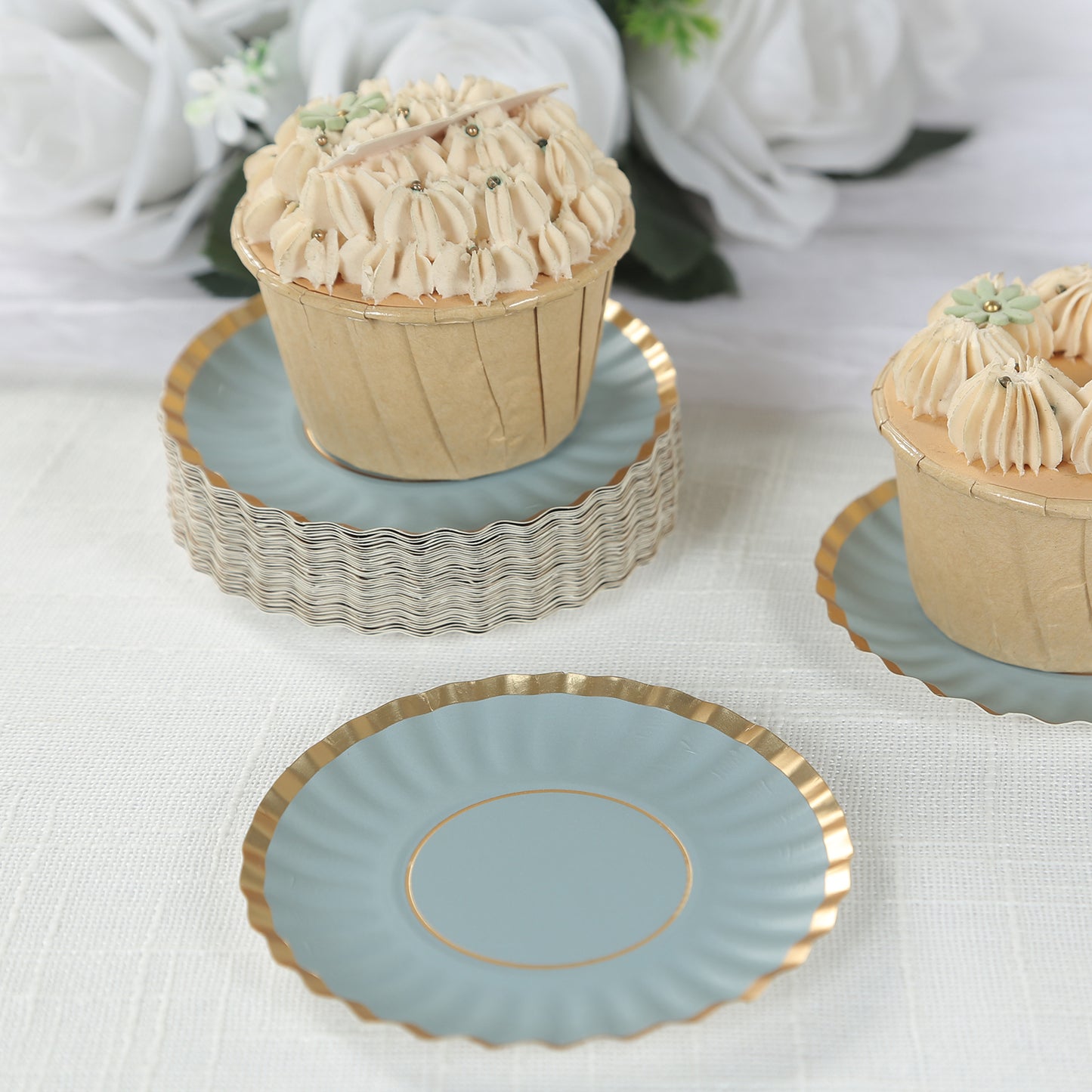 50 Pack 3.5" Gold Scalloped Rim Mini Dessert Plates in Dusty Blue, Disposable Round Paper Party Tapas Plates - 250 GSM