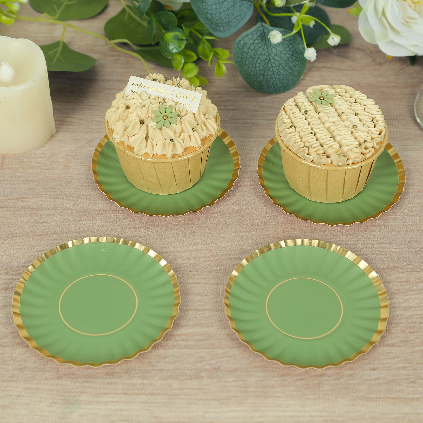 50 Pack 3.5" Dusty Sage Green Mini Dessert Plates with Gold Scalloped Rim, Disposable Round Paper Party Tapas Plates - 250 GSM