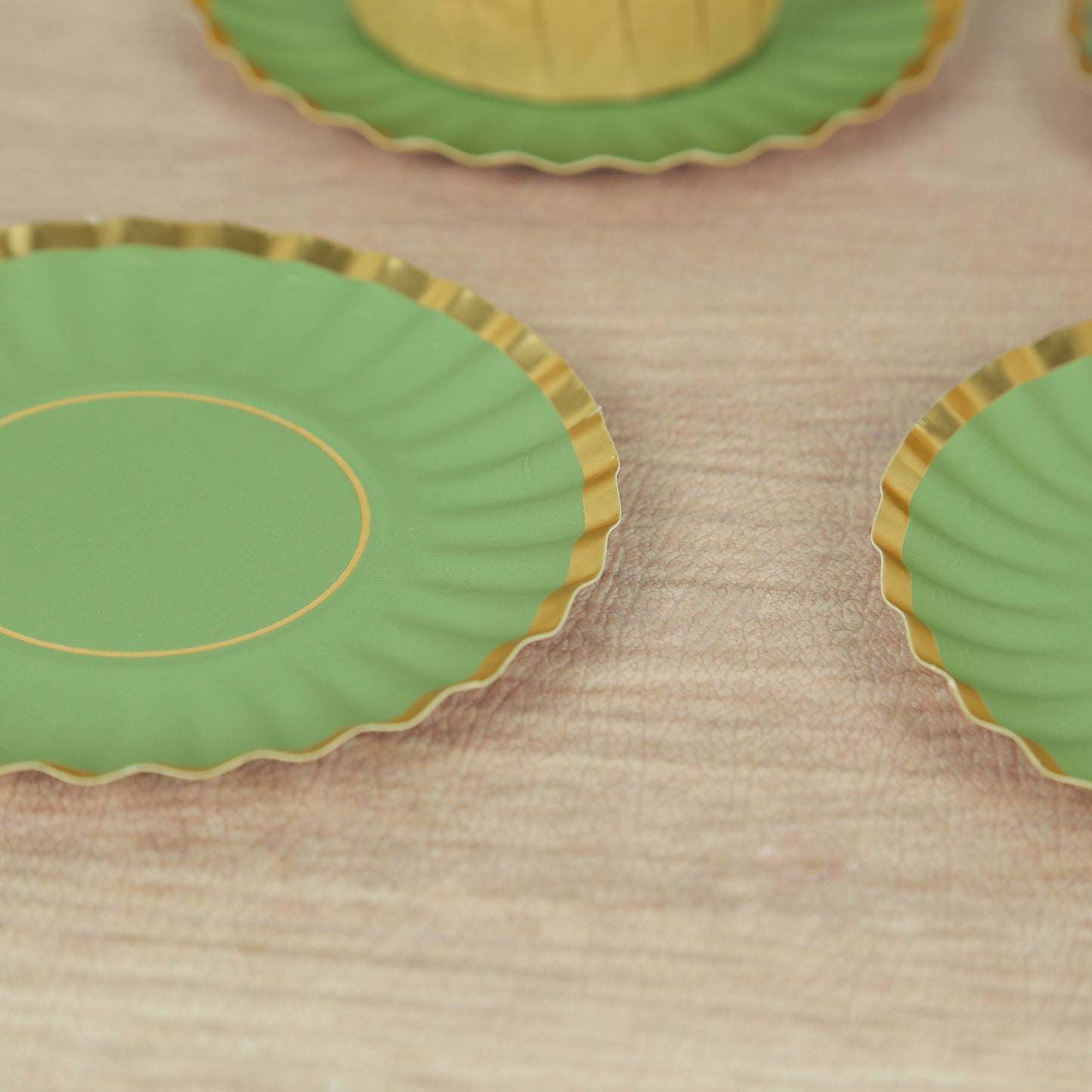 50 Pack 3.5" Dusty Sage Green Mini Dessert Plates with Gold Scalloped Rim, Disposable Round Paper Party Tapas Plates - 250 GSM