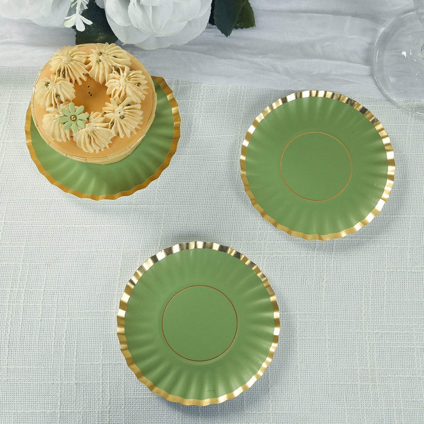 50 Pack 3.5" Dusty Sage Green Mini Dessert Plates with Gold Scalloped Rim, Disposable Round Paper Party Tapas Plates - 250 GSM