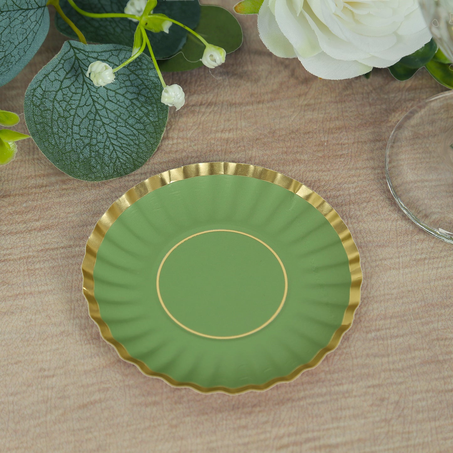 50 Pack 3.5" Dusty Sage Green Mini Dessert Plates with Gold Scalloped Rim, Disposable Round Paper Party Tapas Plates - 250 GSM