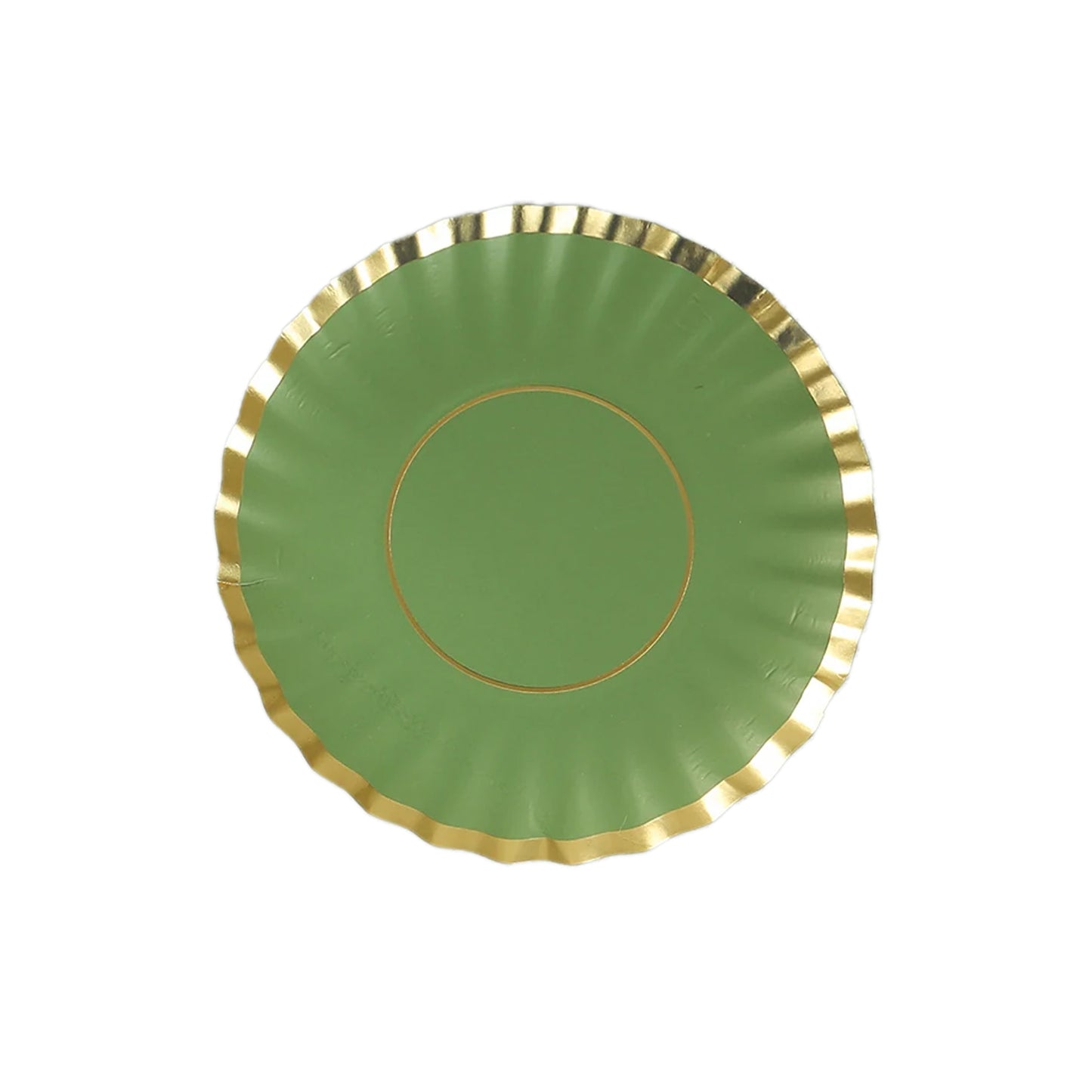 50 Pack 3.5" Dusty Sage Green Mini Dessert Plates with Gold Scalloped Rim, Disposable Round Paper Party Tapas Plates - 250 GSM