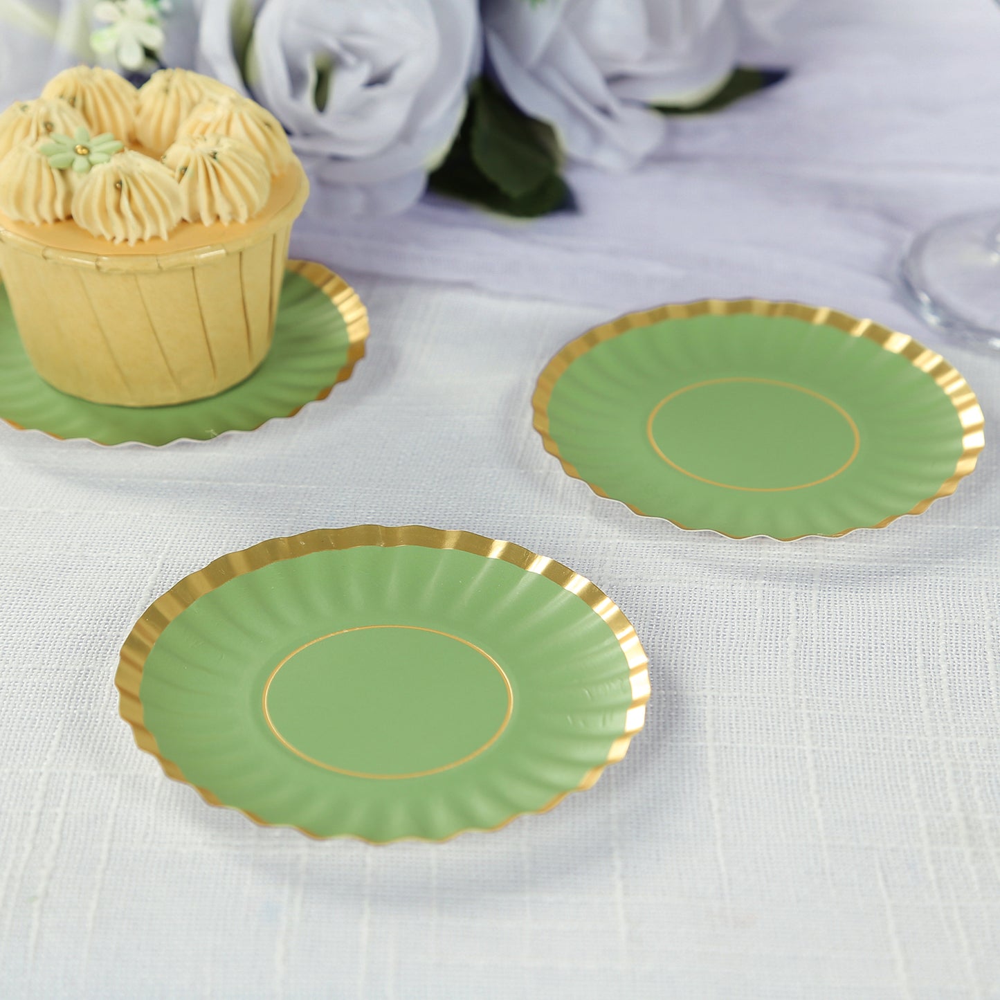 50 Pack 3.5" Dusty Sage Green Mini Dessert Plates with Gold Scalloped Rim, Disposable Round Paper Party Tapas Plates - 250 GSM