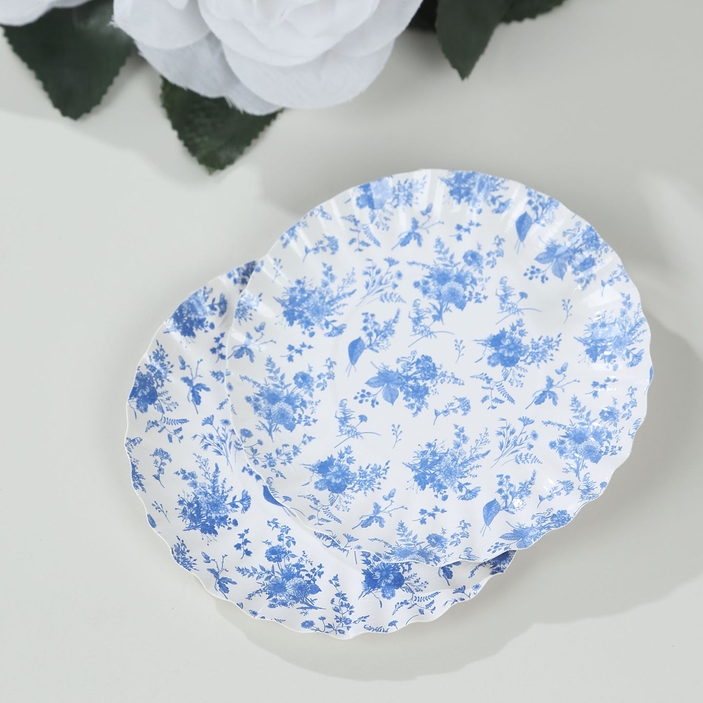 100 Pack White Blue French Toile Mini Party Plates with Scalloped Rim, 3.5" Disposable Round Tapas Paper Dessert Plates - 250 GSM