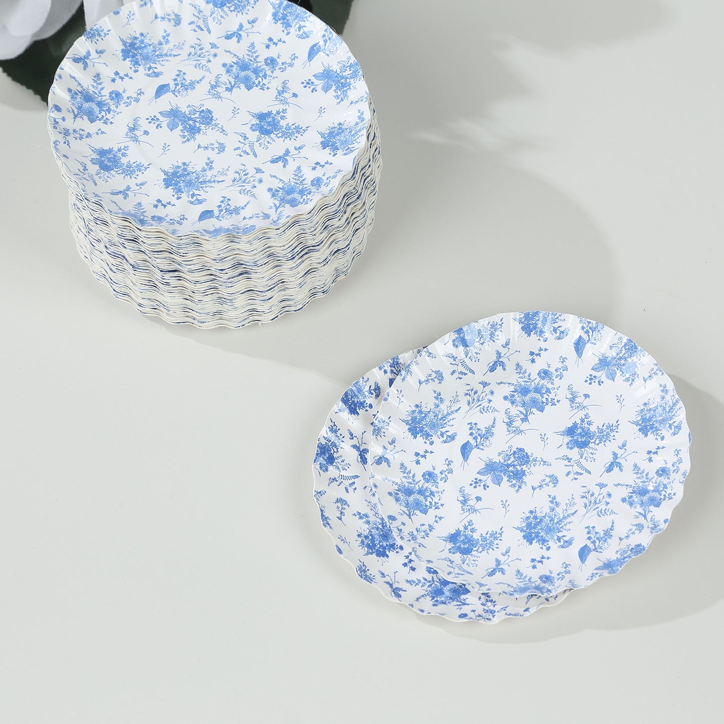 100 Pack White Blue French Toile Mini Party Plates with Scalloped Rim, 3.5" Disposable Round Tapas Paper Dessert Plates - 250 GSM