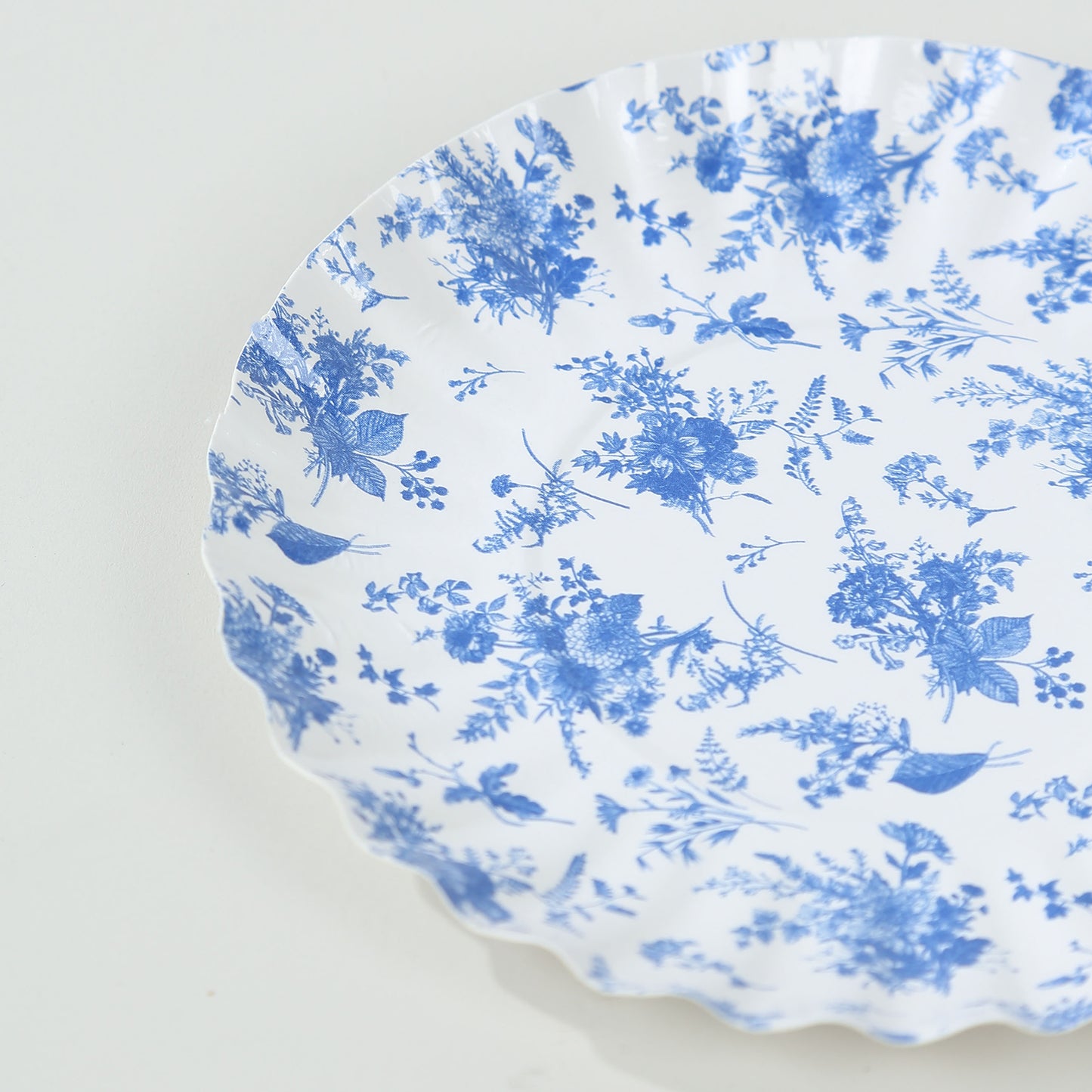 100 Pack White Blue French Toile Mini Party Plates with Scalloped Rim, 3.5" Disposable Round Tapas Paper Dessert Plates - 250 GSM