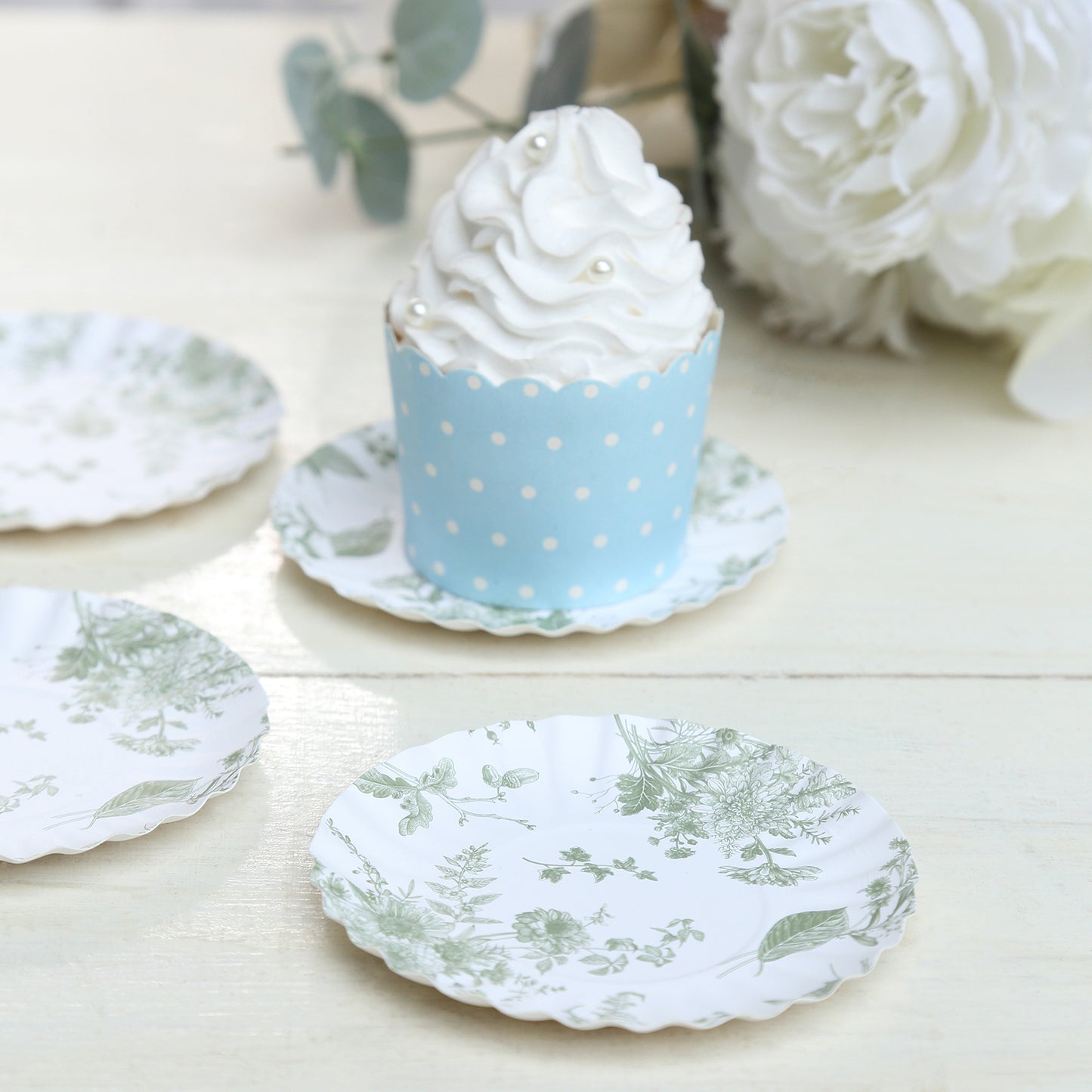 100 Pack White Sage Green French Toile Mini Party Plates with Scalloped Rim, 3.5" Disposable Round Tapas Paper Dessert Plates - 250 GSM