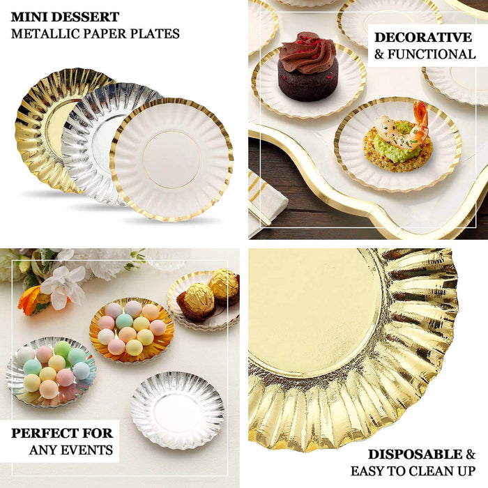 50 Pack | 5" Metallic Gold Scalloped Rim Dessert Paper Plates, Disposable Round Appetizer Party Plates - 250 GSM