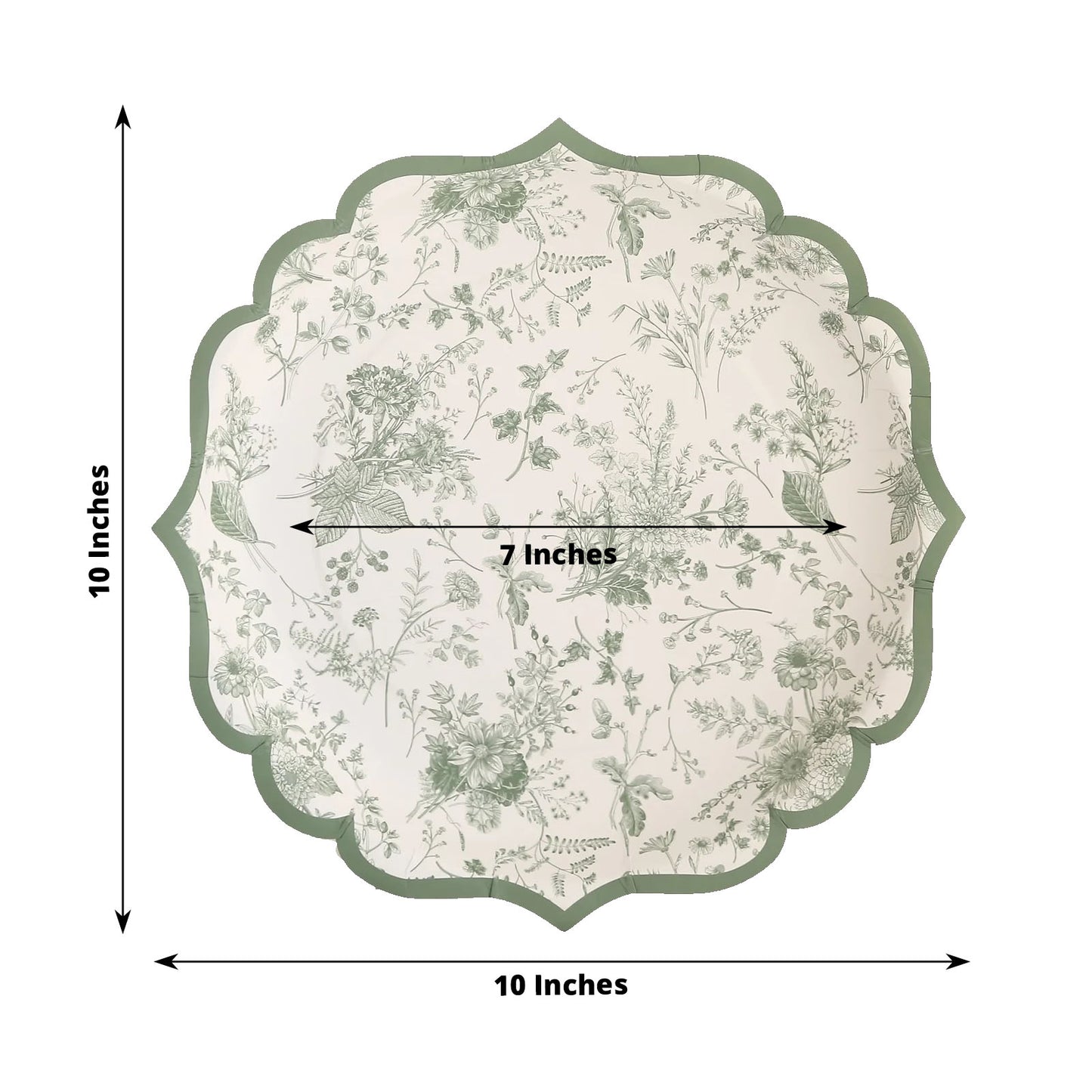 25 Pack Sage Green Disposable Party Plates in French Toile Floral Pattern, 10" Paper Dinner Plates with Scalloped Rims - 300 GSM