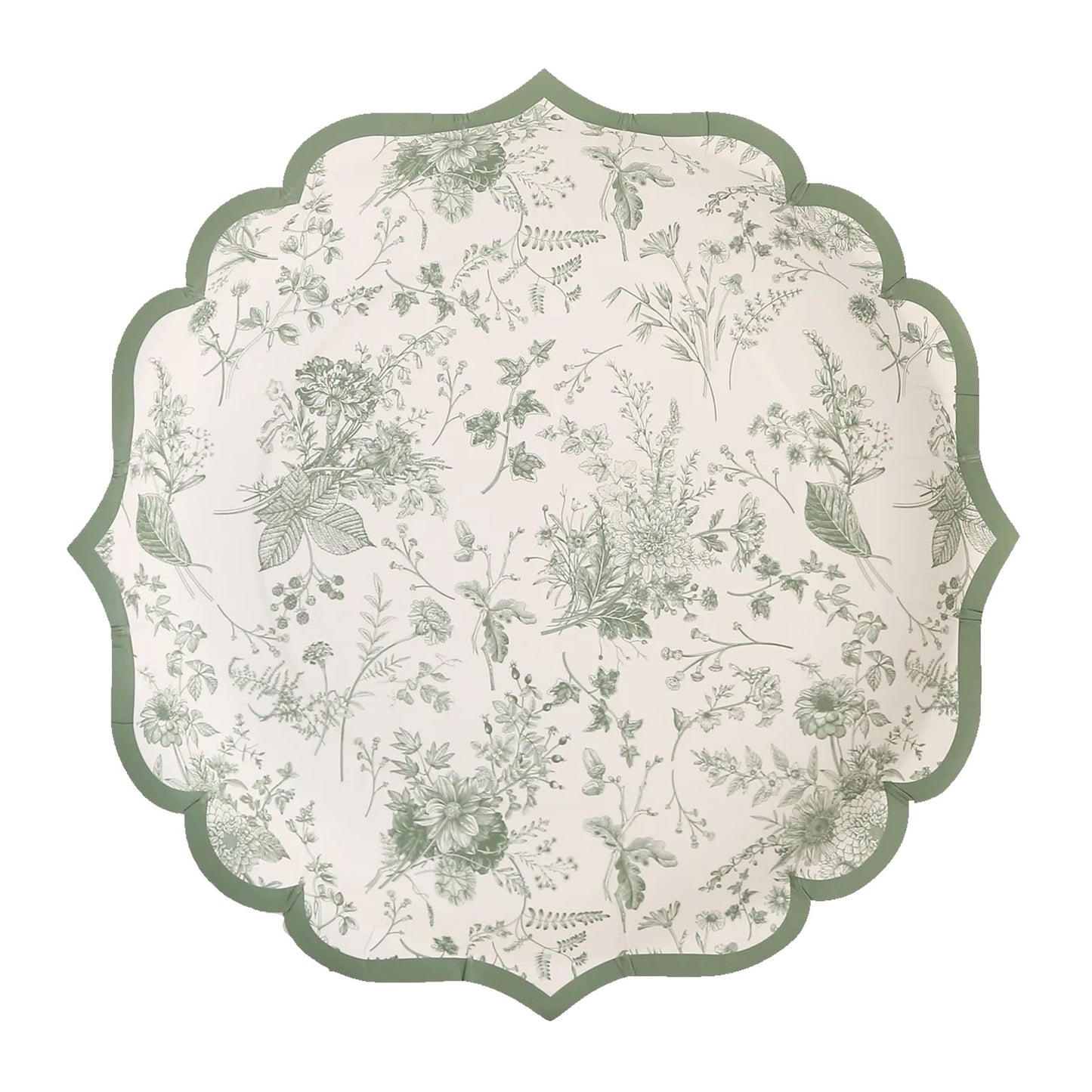 25 Pack Sage Green Disposable Party Plates in French Toile Floral Pattern, 10" Paper Dinner Plates with Scalloped Rims - 300 GSM