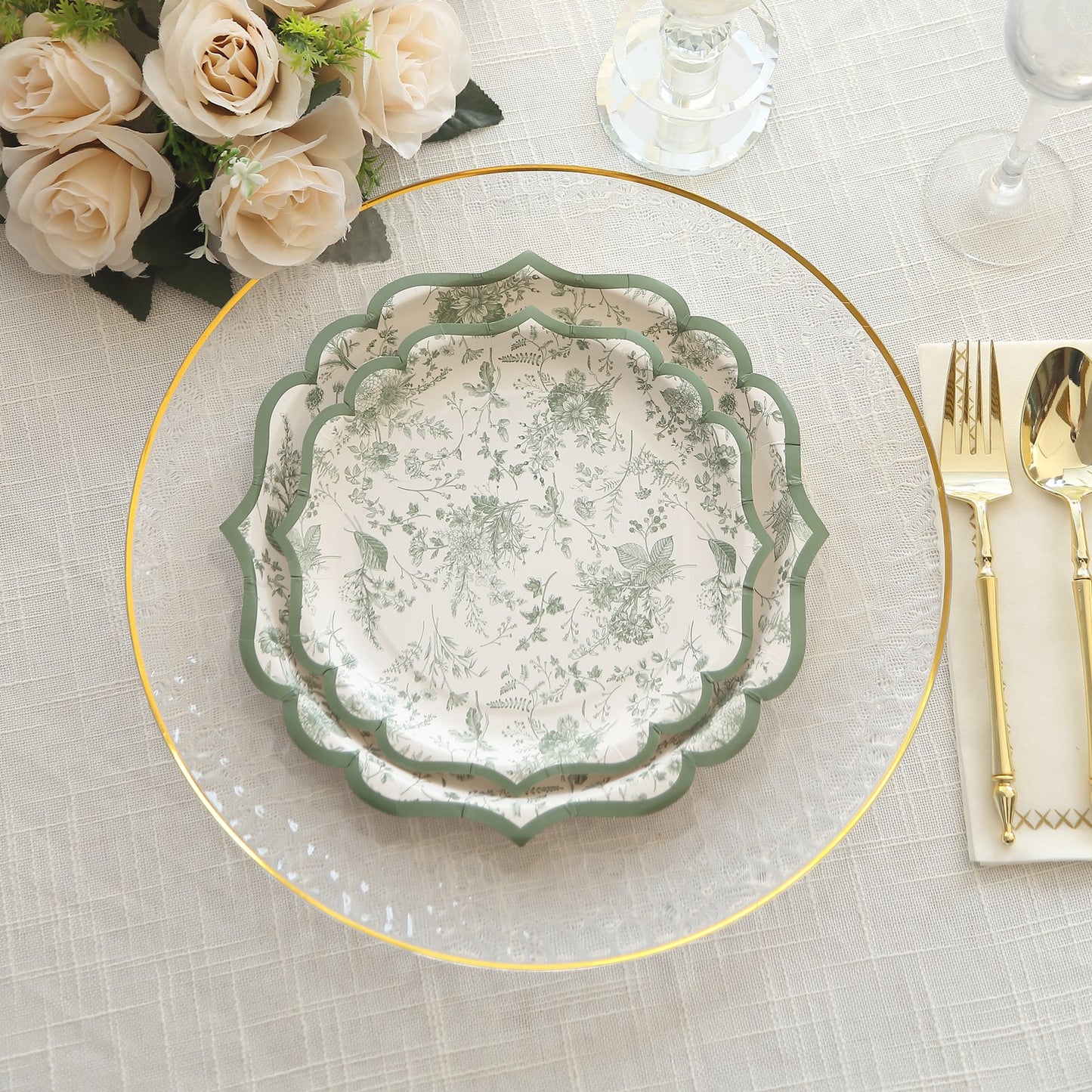 25 Pack Sage Green Disposable Party Plates in French Toile Floral Pattern, 10" Paper Dinner Plates with Scalloped Rims - 300 GSM